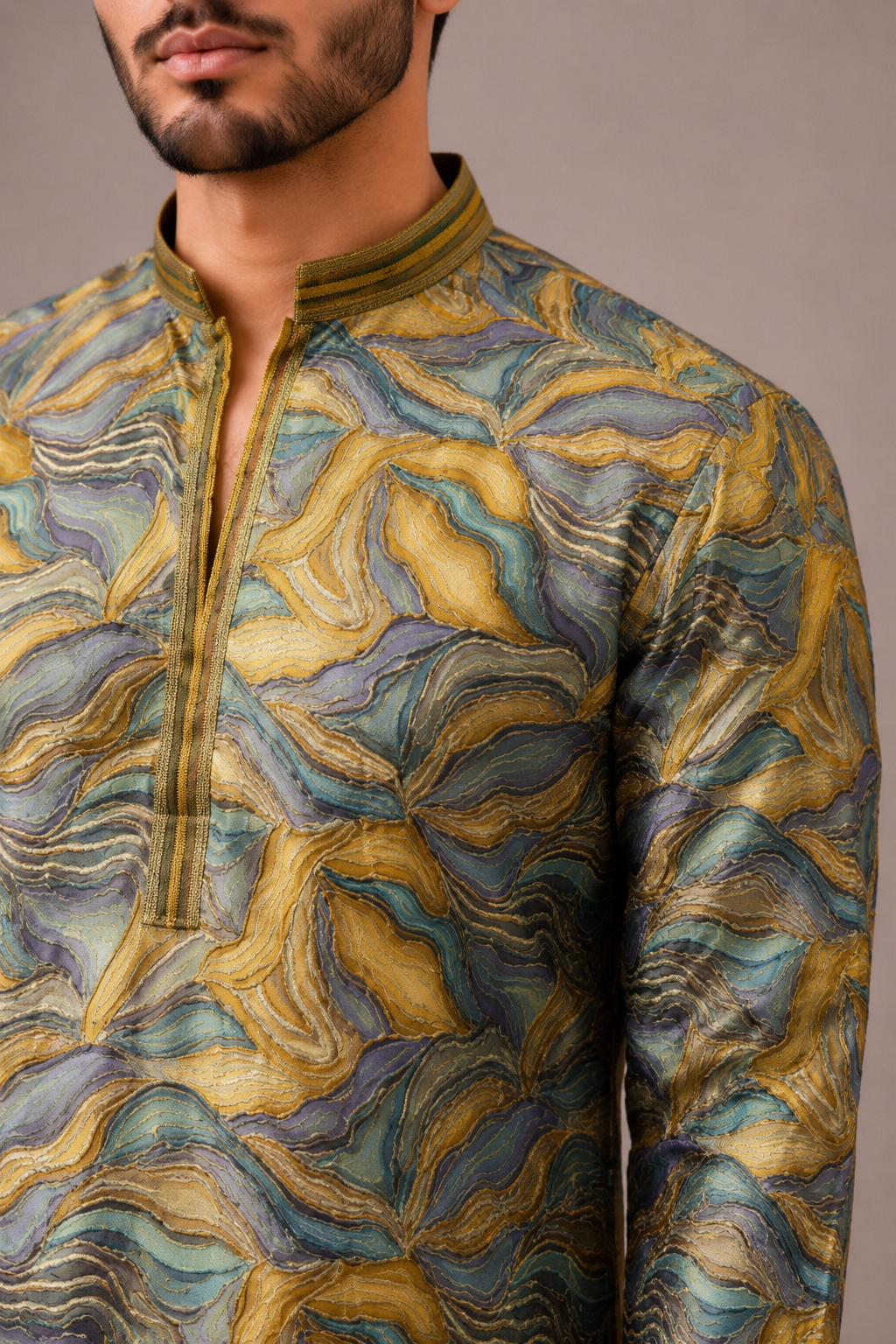 Mustard Silk Kurta Set with Artistic Print and Surface Work