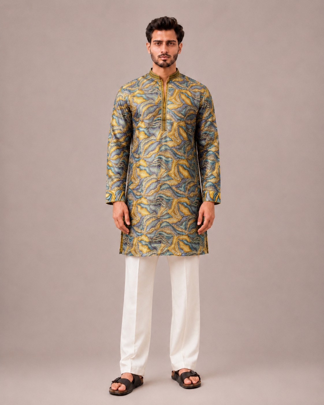 Mustard Silk Kurta Set with Artistic Print and Surface Work