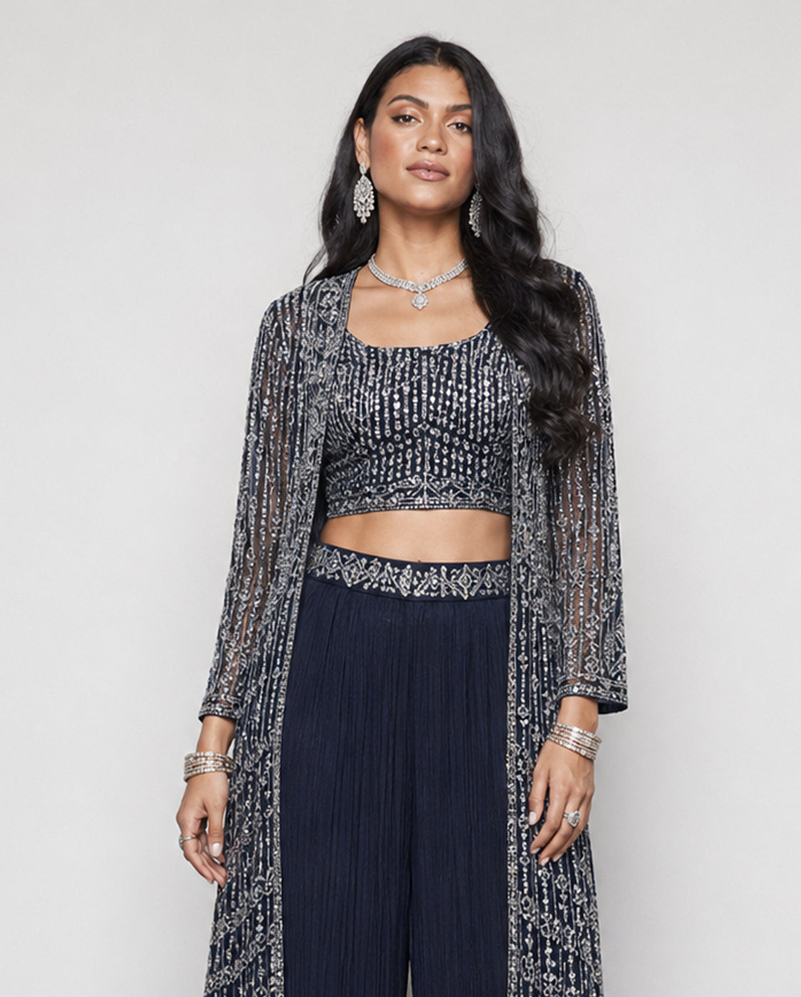 Navy Blue Georgette Silk Indo Western with Mirror Sparcel Resham and Pure Georgette Work