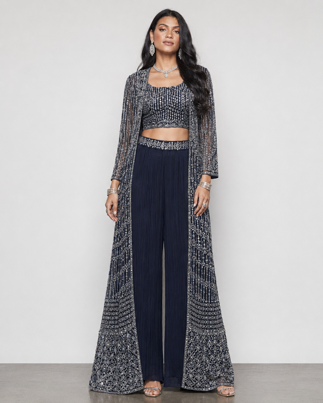 Navy Blue Georgette Silk Indo Western with Mirror Sparcel Resham and Pure Georgette Work