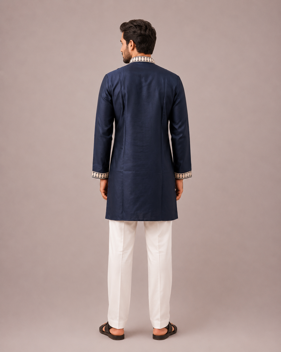 Navy Blue Linen Kurta Set with Hand Embroidery Work