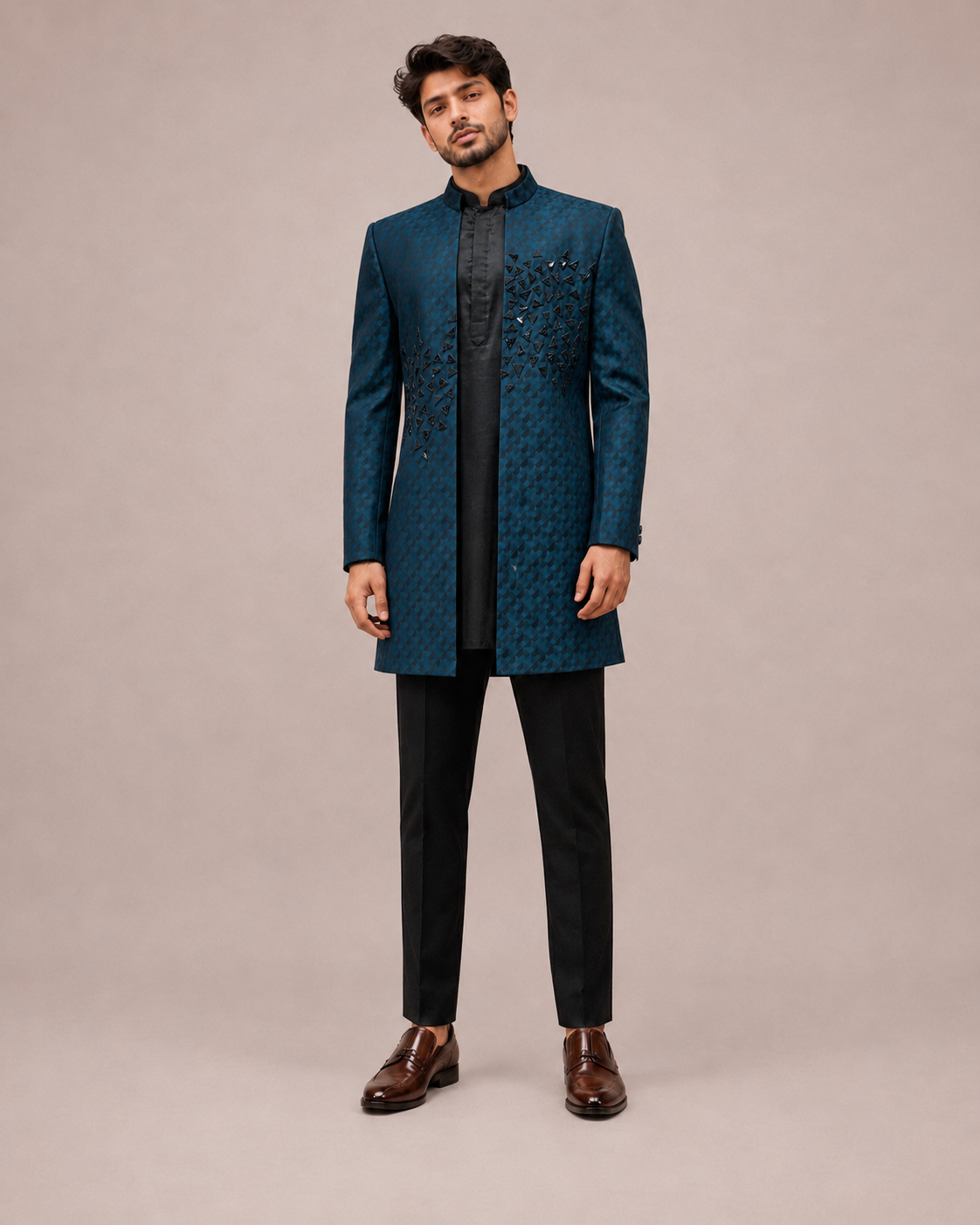 Navy Blue Silk Brocade Indo Western for Men with Hand Work