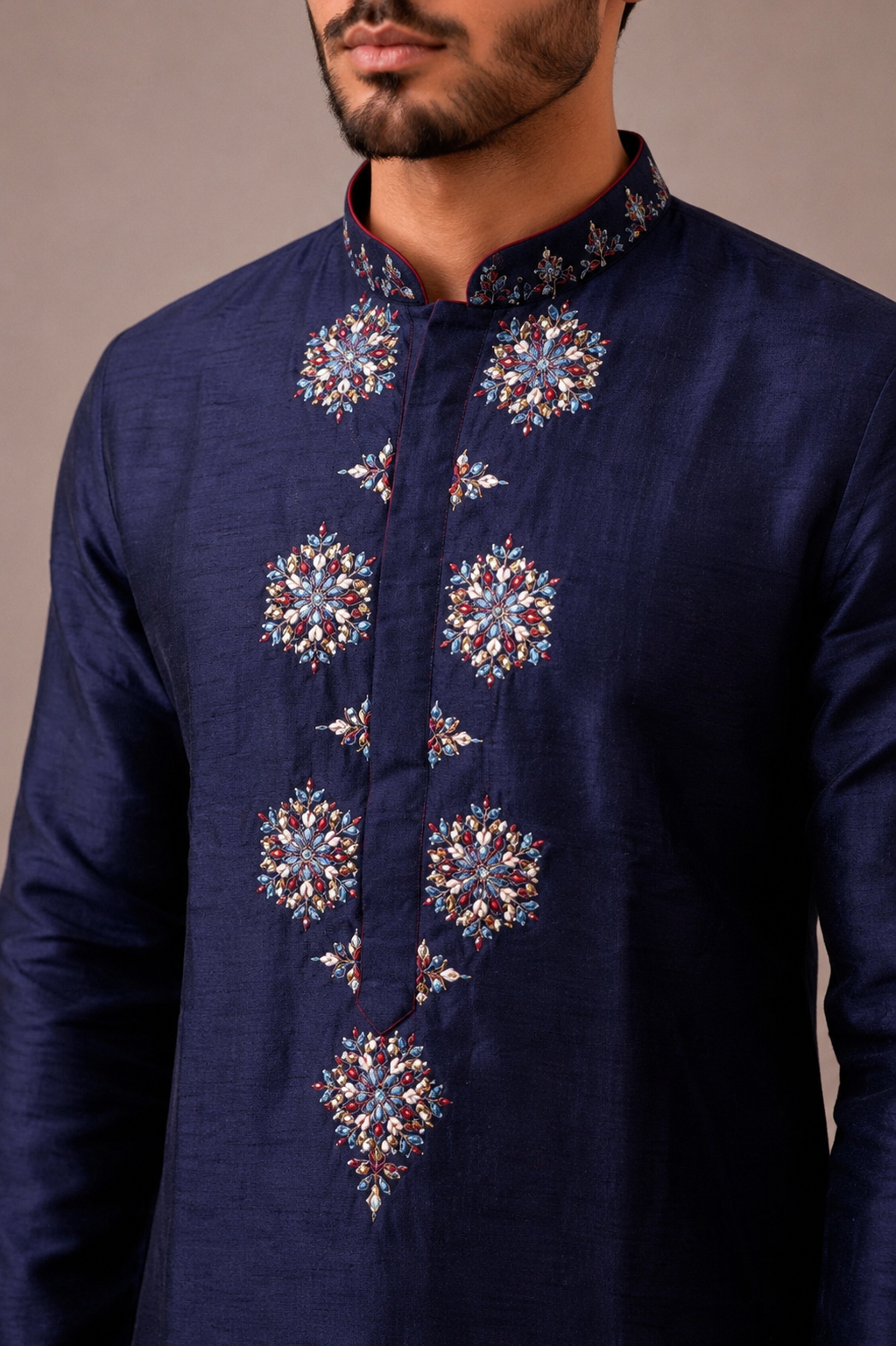 Navy Blue Silk Kurta Set with Hand Mirror and Embroidery Work
