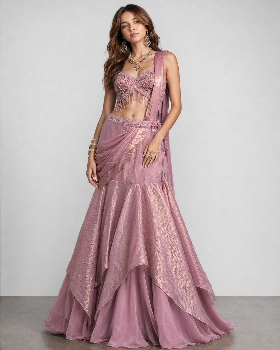 Onion Pink Shimmer Silk Choli with Mirror Moti and Kardana Work