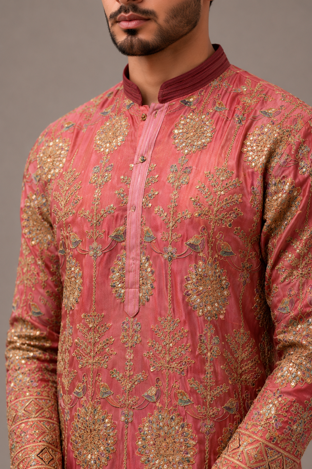 Onion Pink Silk Kurta Set with Computer Embroidery Work