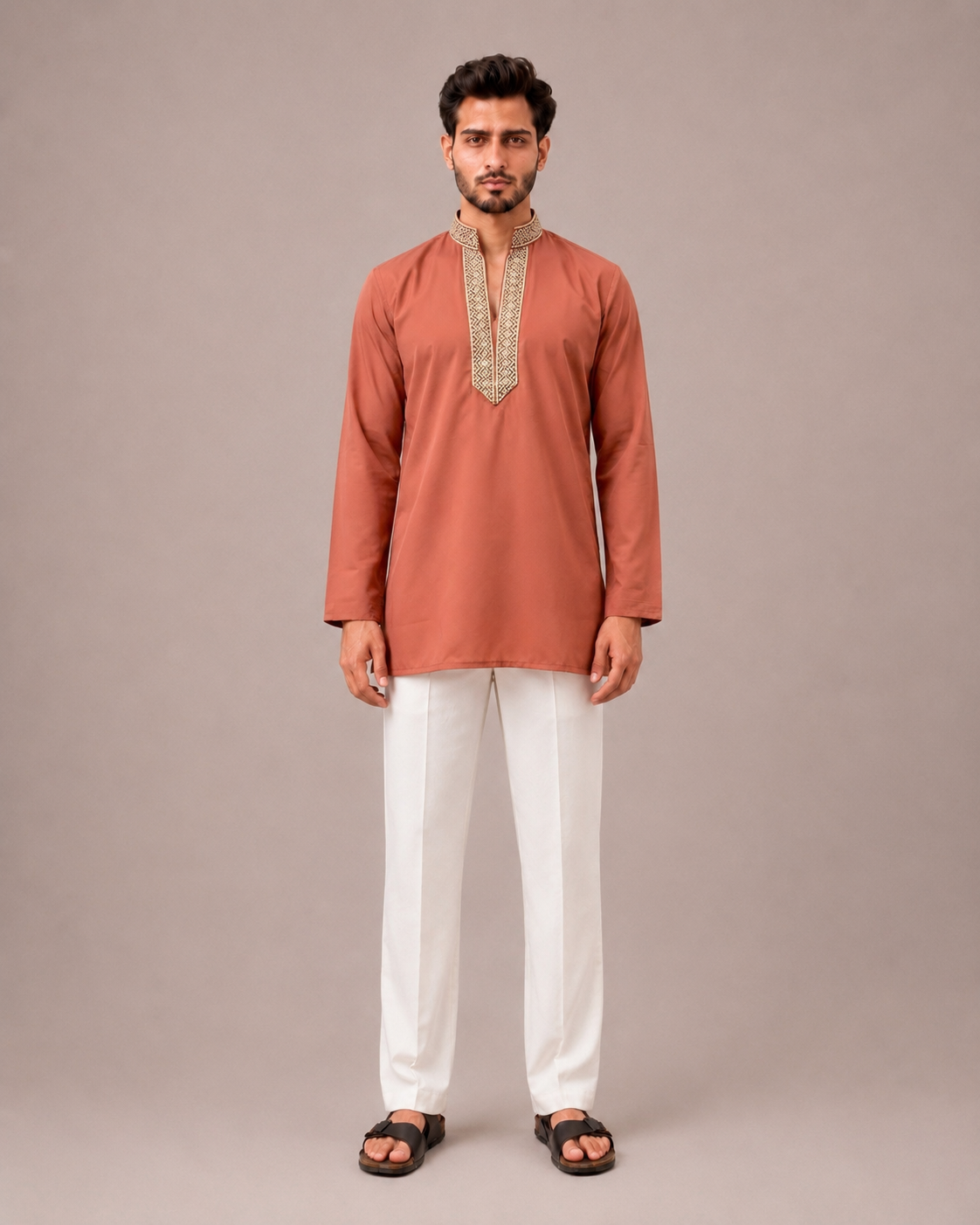Orange Imported Fabric Kurta Top with High Neck and Hand Machine Work