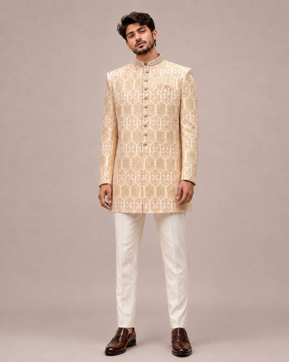 Orange Silk Indo Western for Men with Machine Work