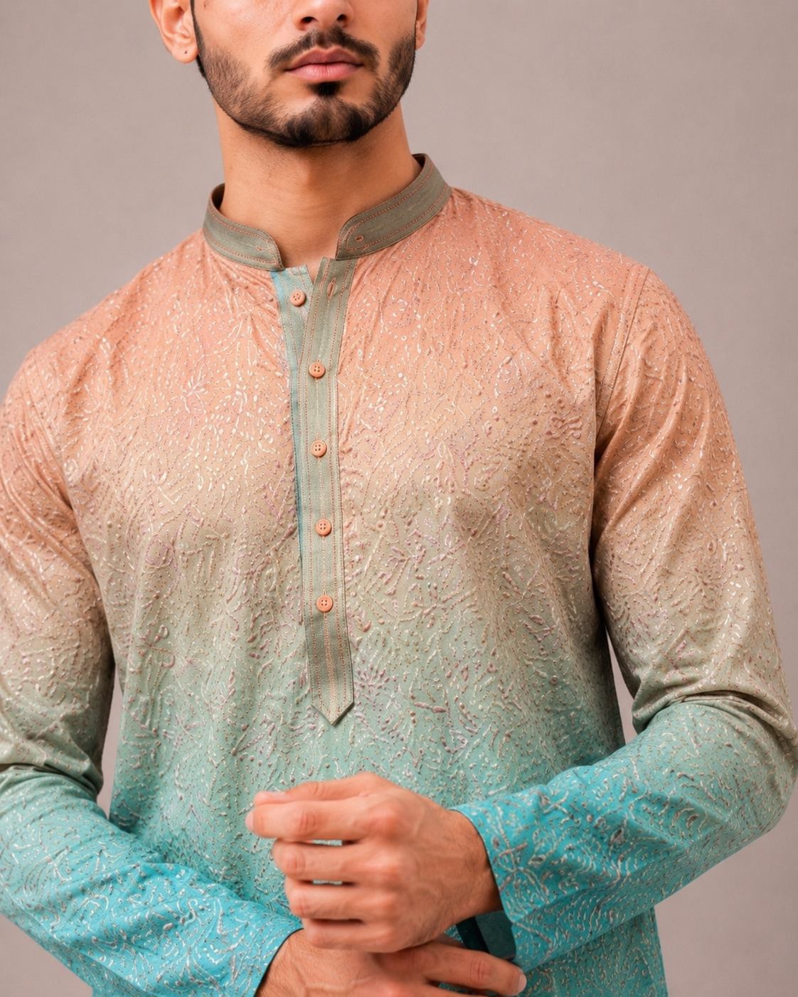 Orange Silk Kurta Set with Aari and Computer Embroidery Work