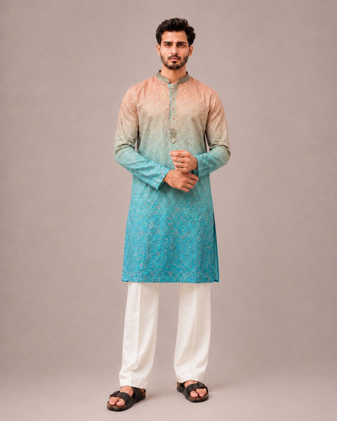 Orange Silk Kurta Set with Aari and Computer Embroidery Work