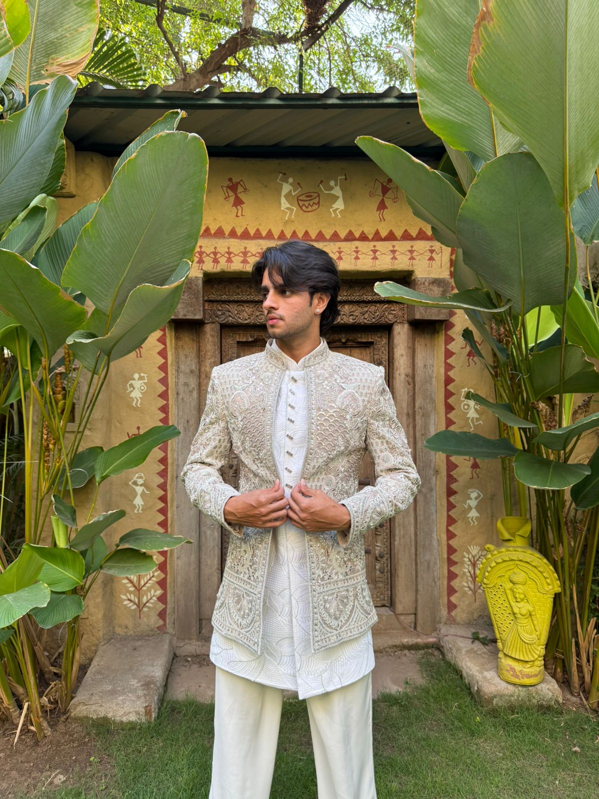 Beige Art Silk Open Indo Western with Resham, Pearl, and Sequins Work