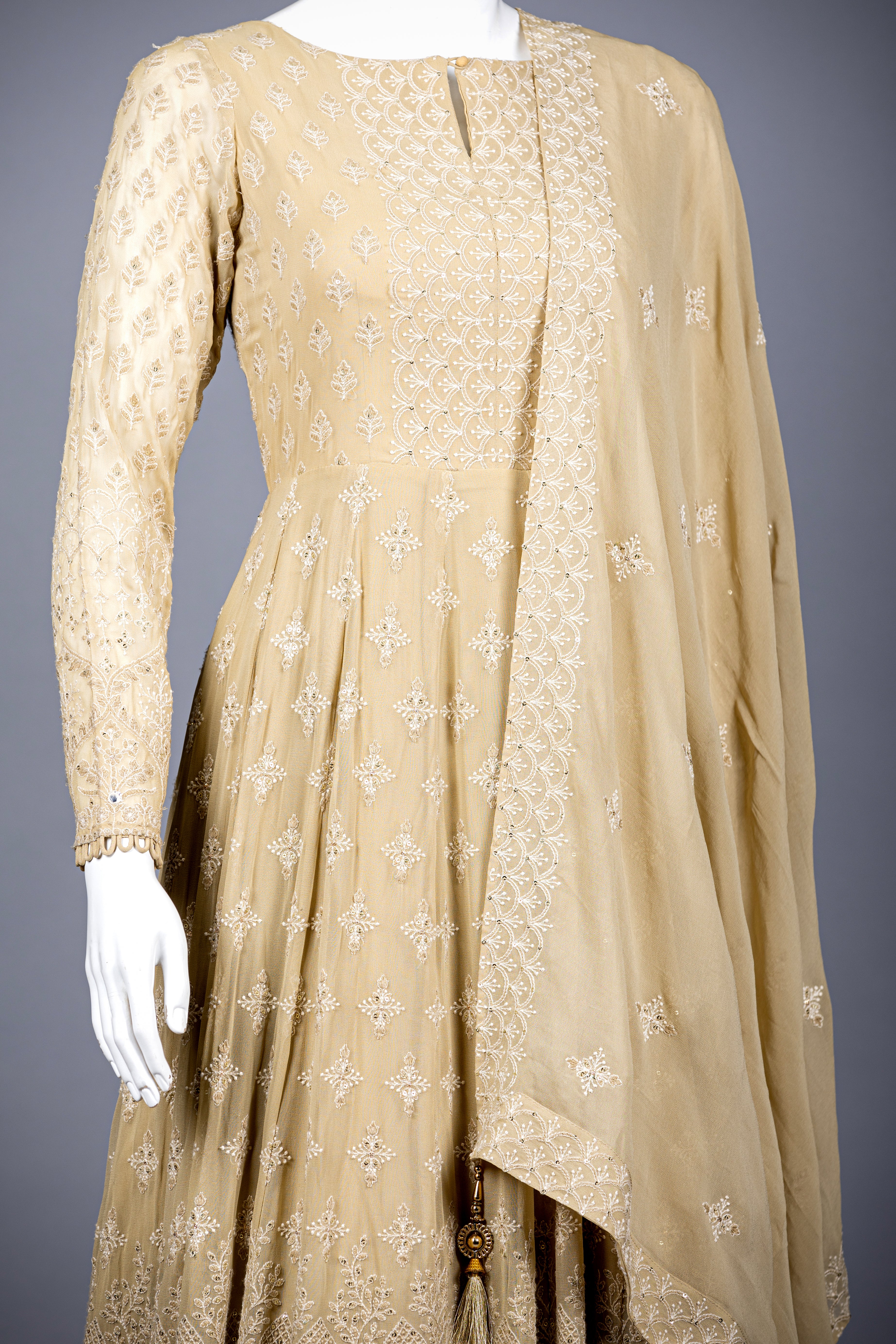 Cream Designer Gown with All Over Lakhnavi Work