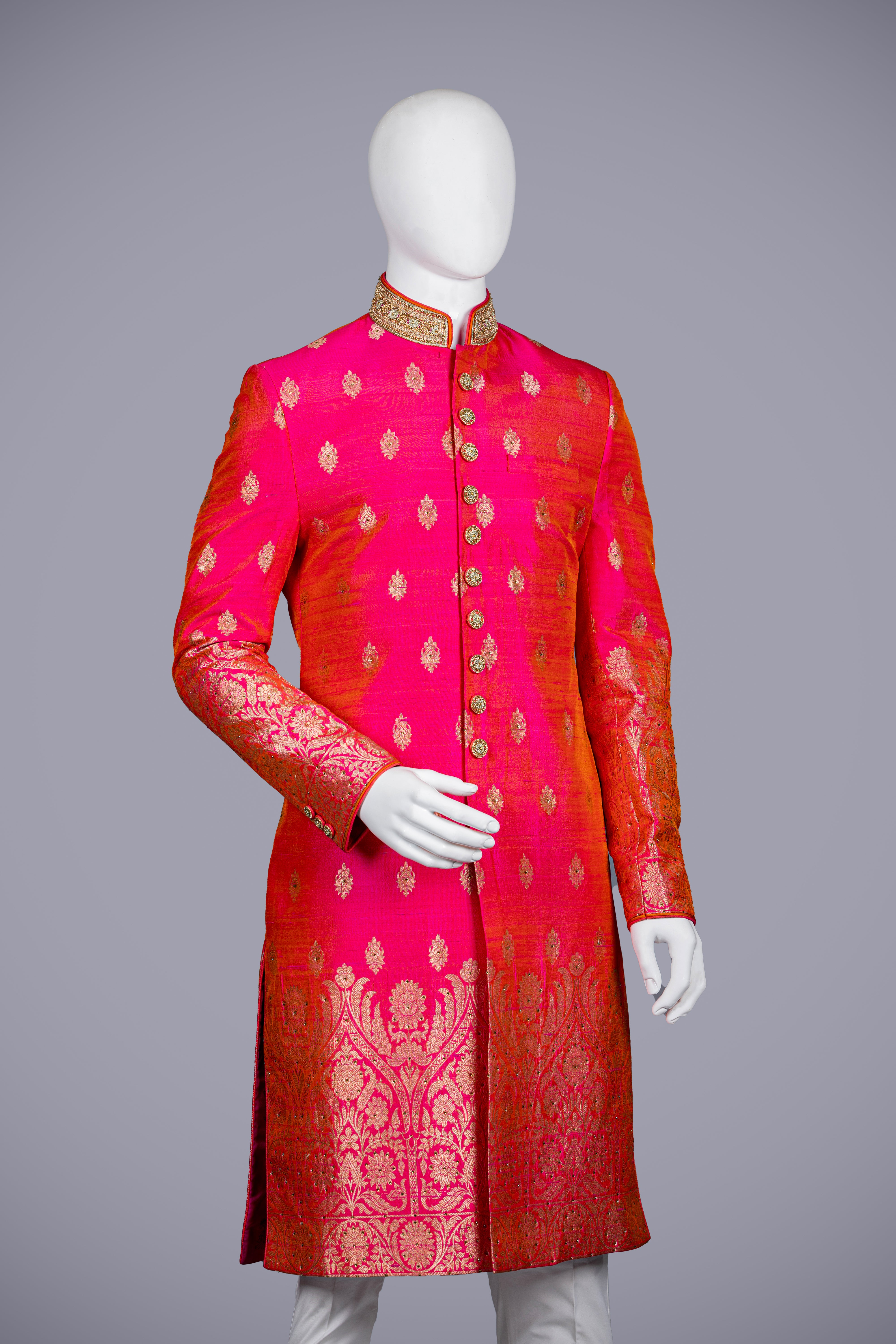 Rani Coloured Sherwani with Butta Work And Dupatta - Shreeman