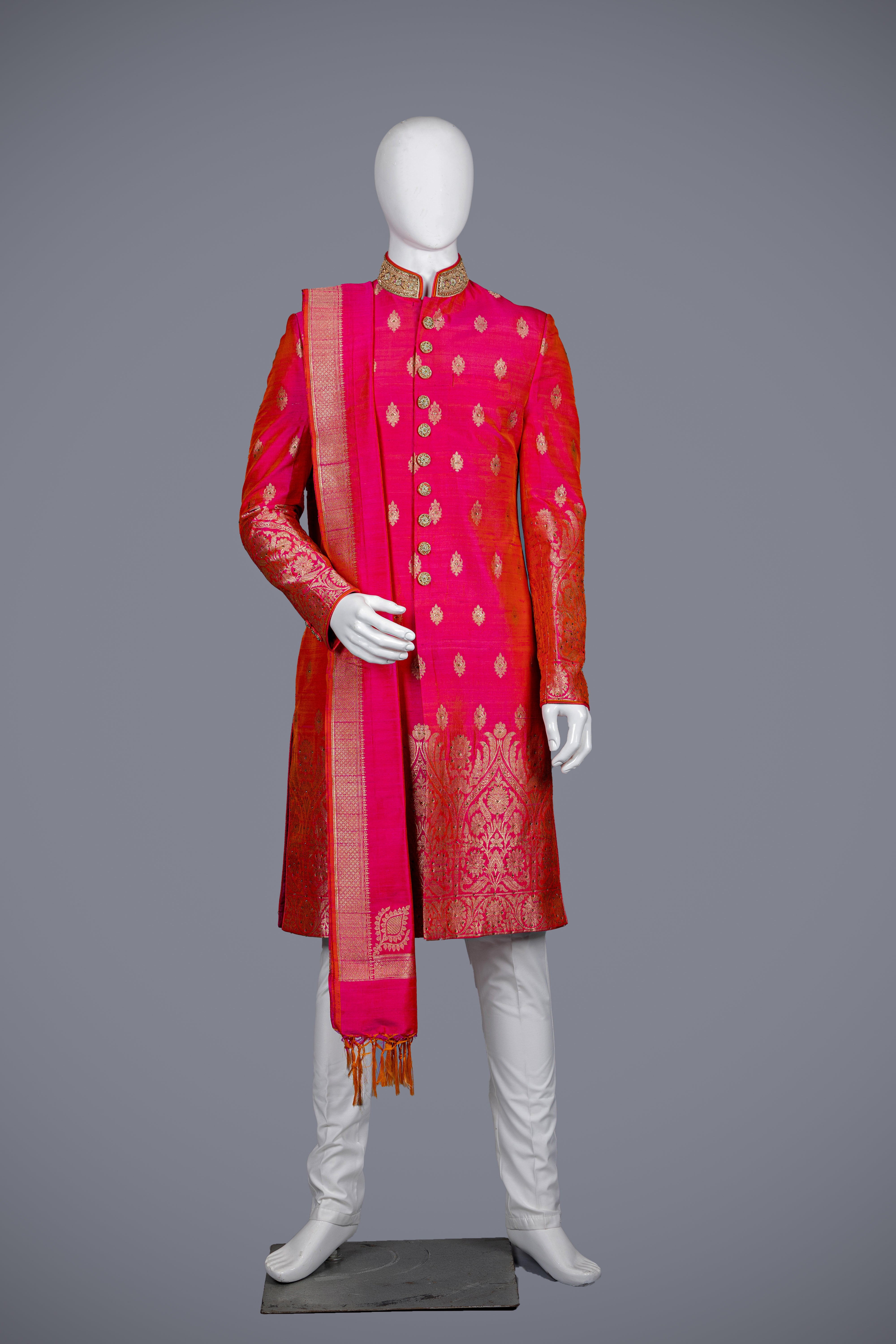 Rani Coloured Sherwani with Butta Work And Dupatta - Shreeman