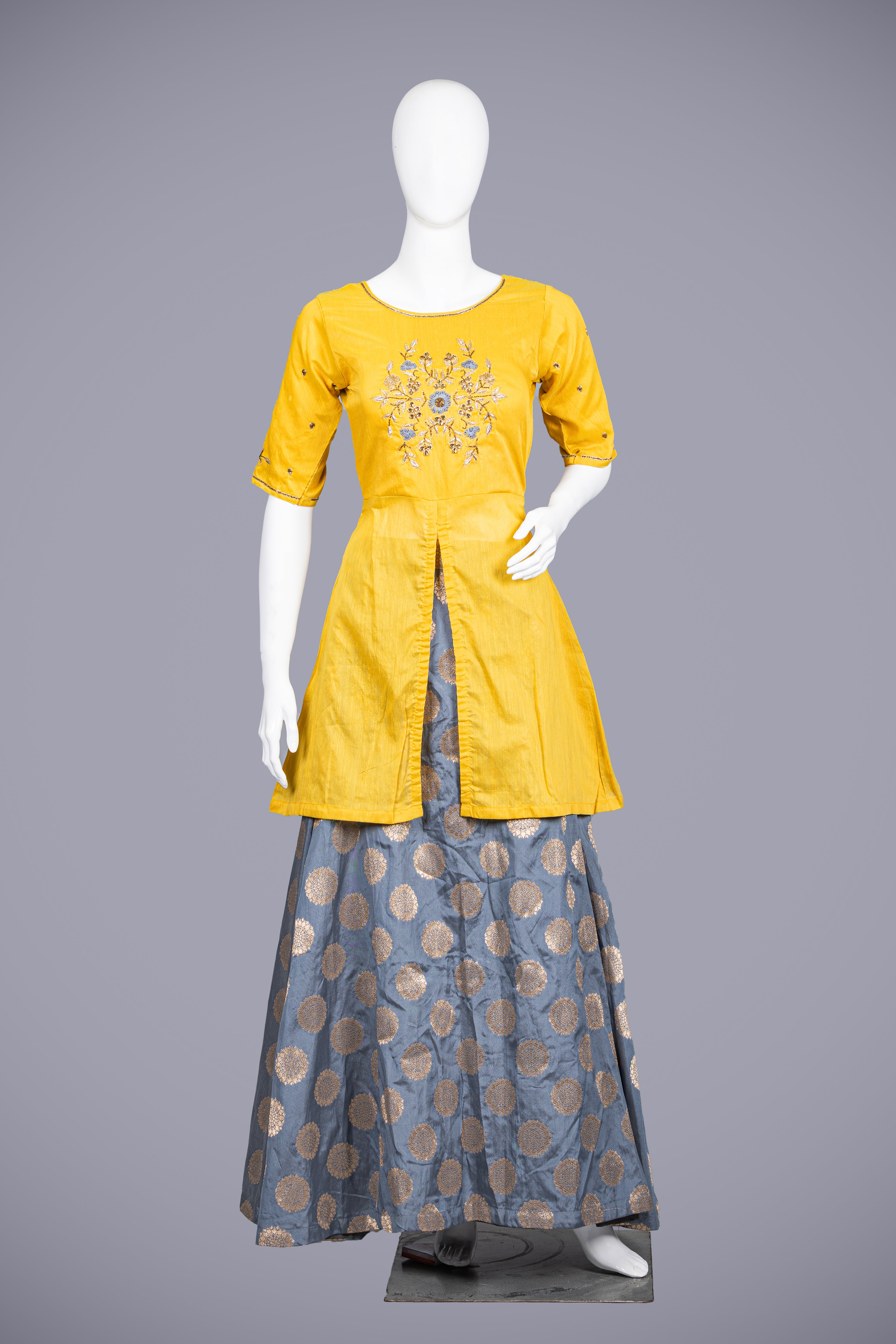 Yellow Indo Western in Banarasi Silk with Zardozi Work