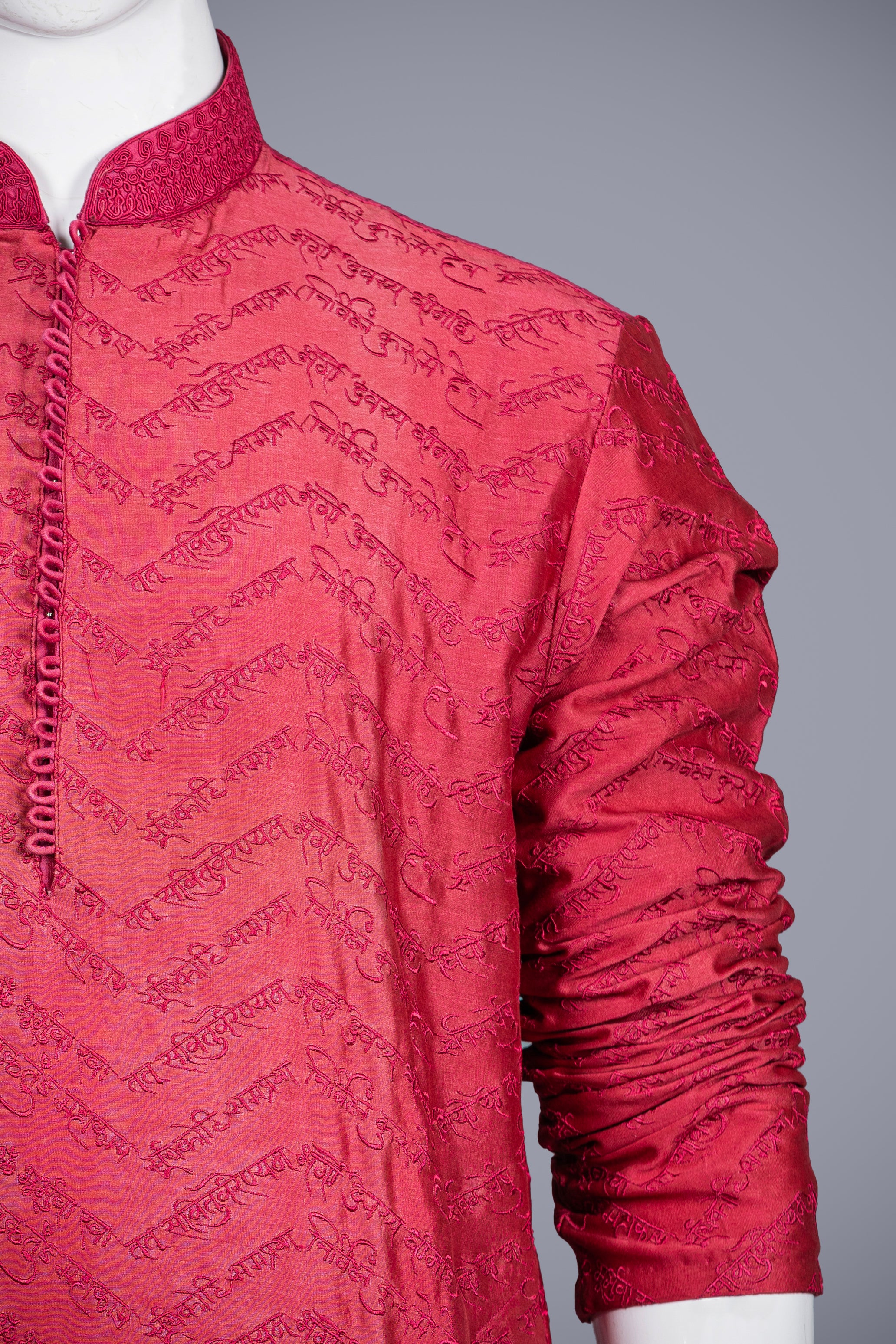 Dark Pink Kurta Set for Men in Silk With Embroidery - Shreeman