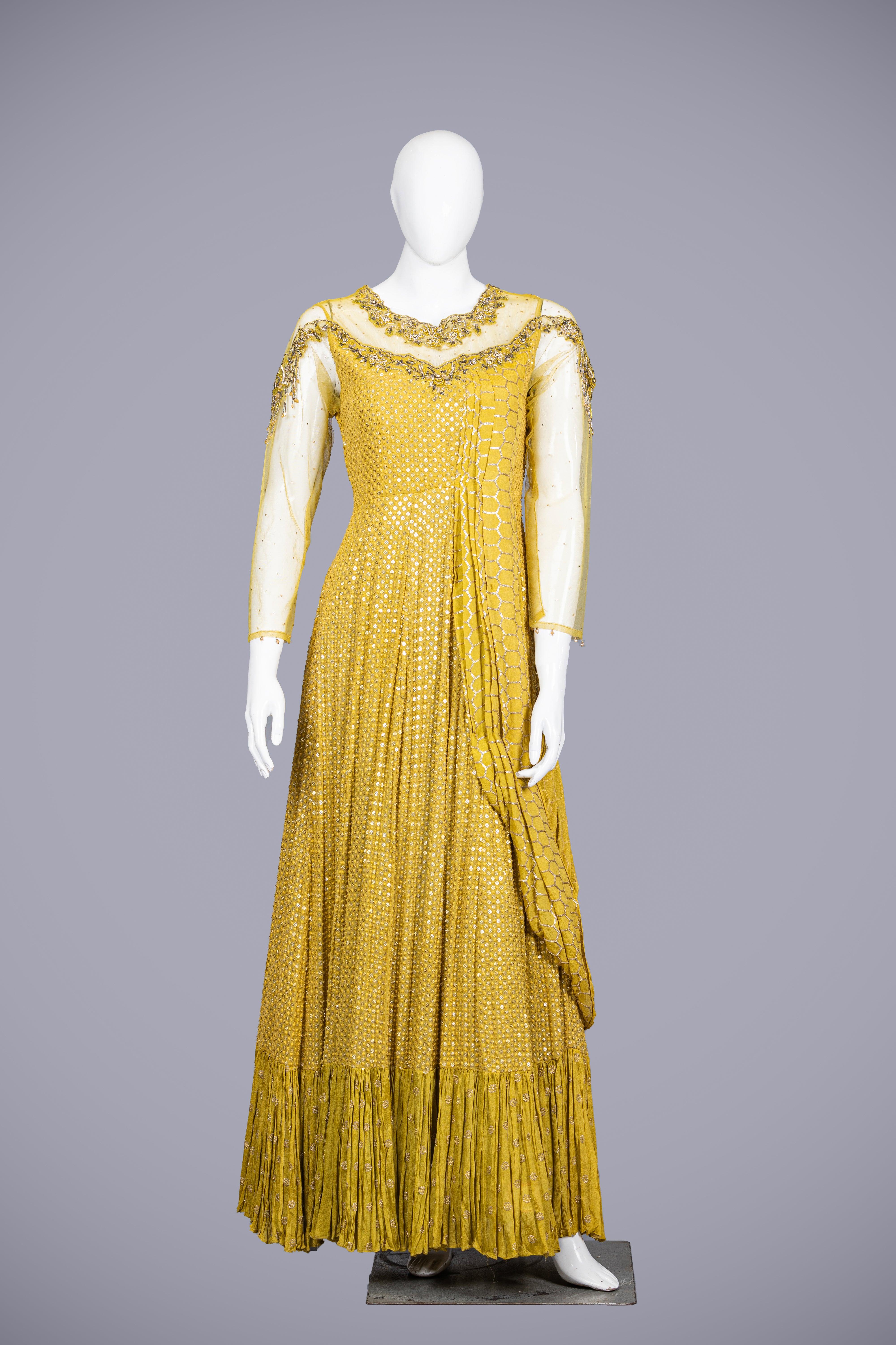 Mustard Gown in Silk with Lucknavi Zardozi Work