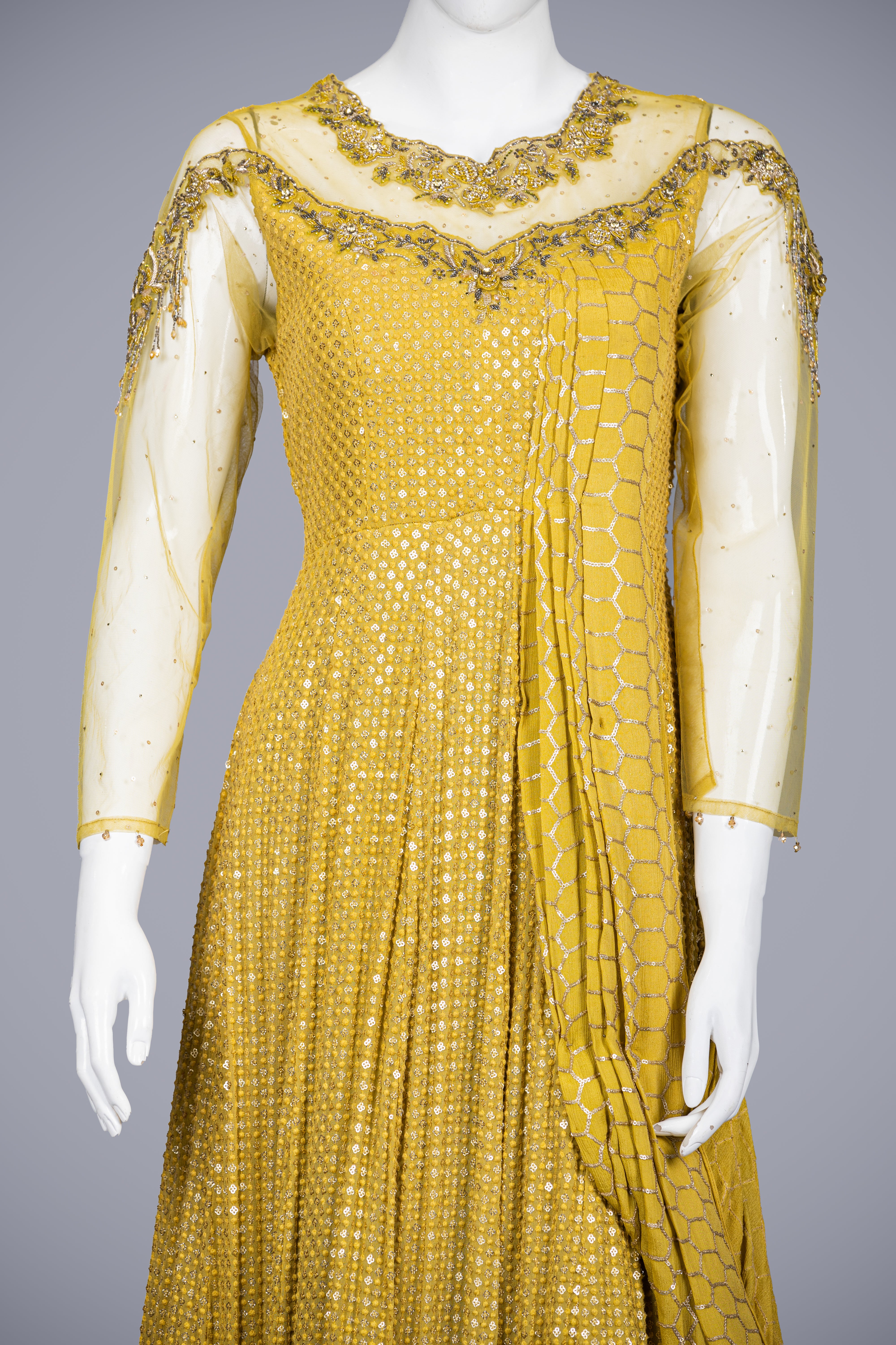 Mustard Gown in Silk with Lucknavi Zardozi Work