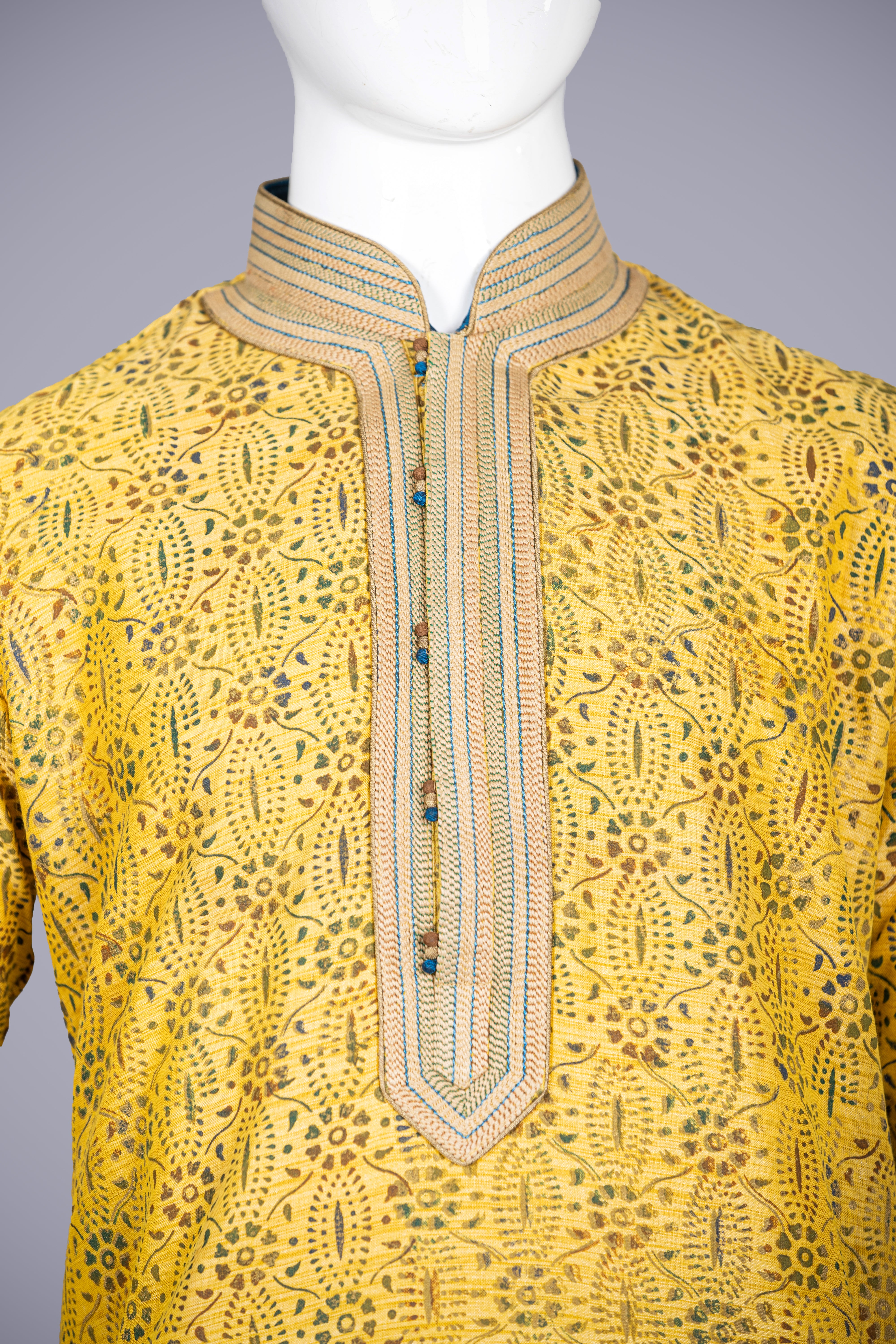 Mustard Cota Silk Men's Kurta Set with Machine Work