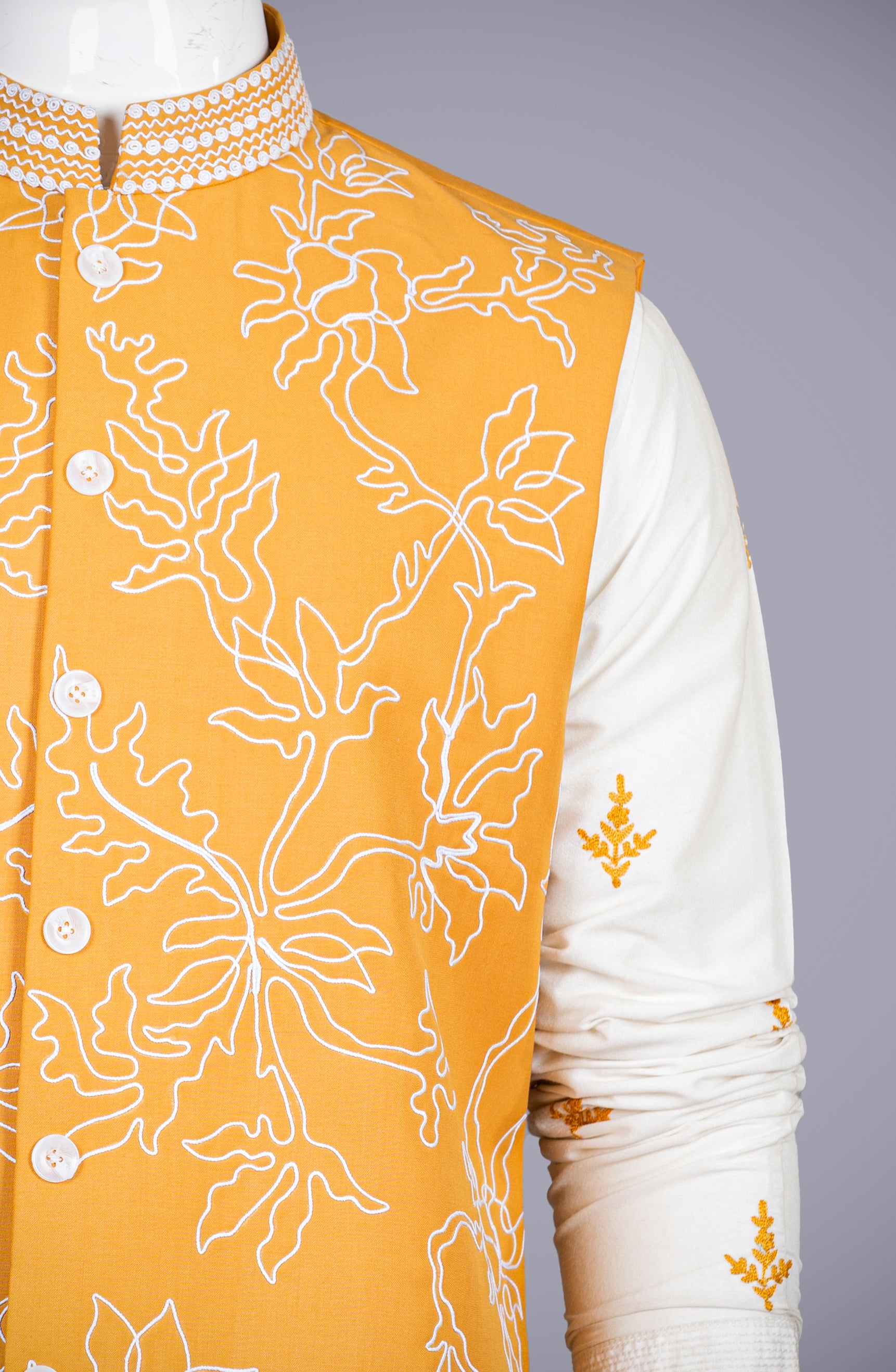 White Mustard Pure Silk Men's Jacket Set with Dori Work - Shreeman