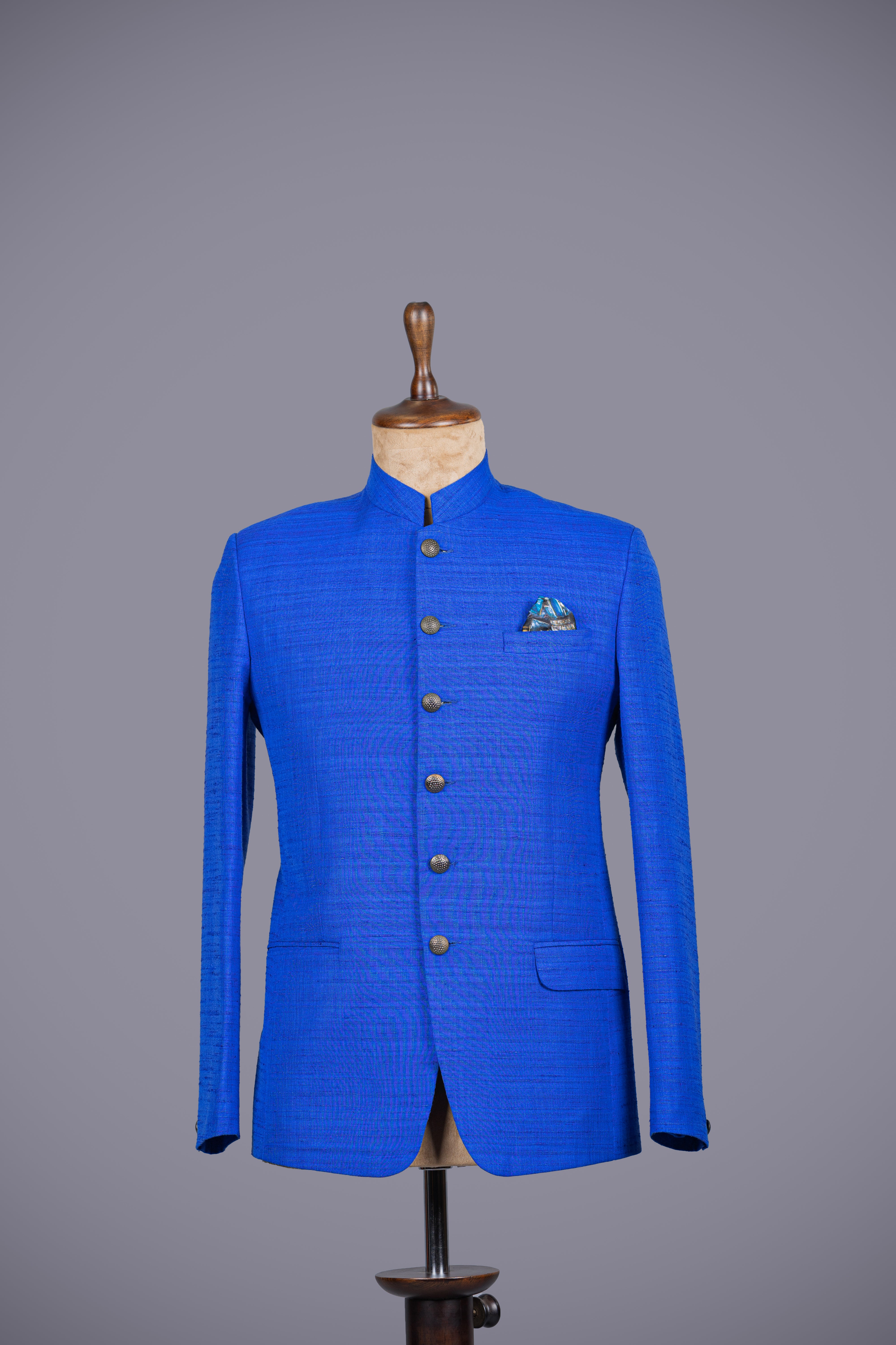 Royal Blue Jodhpuri Suit with Matka Silk