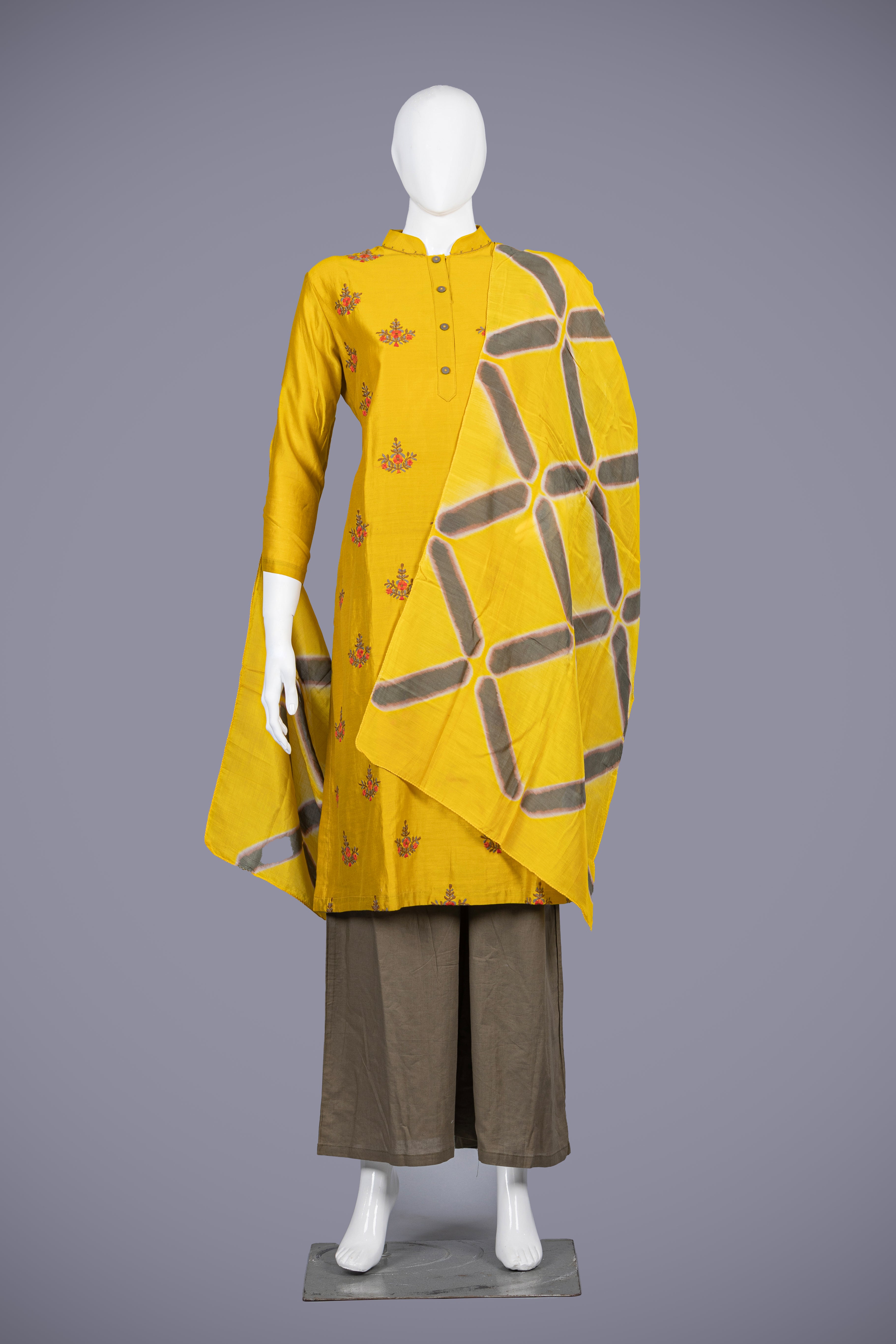Mustard Kurti Set for Women in Linen Fabric