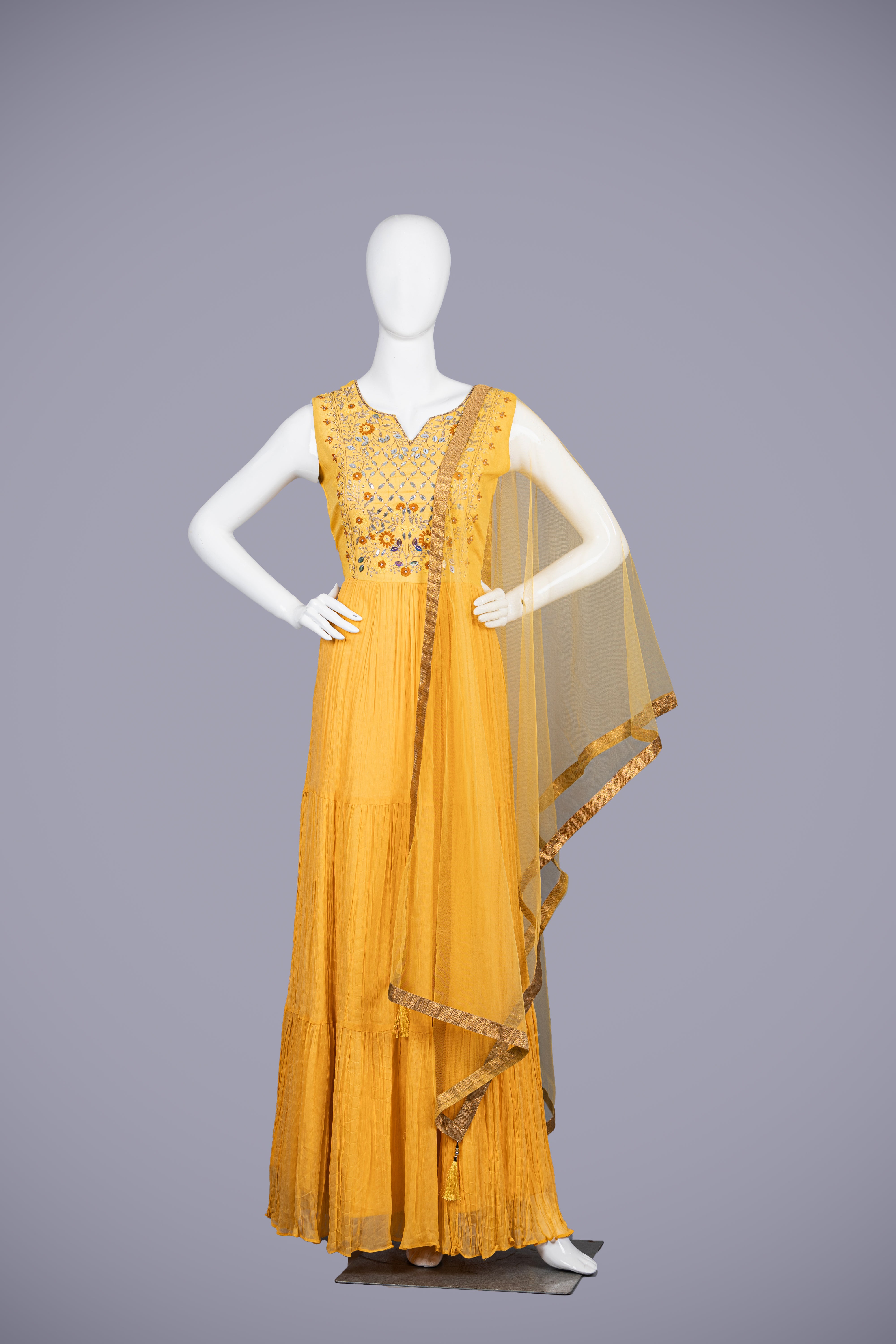 A Yellow Muster Gown with Sadu Kachi Work