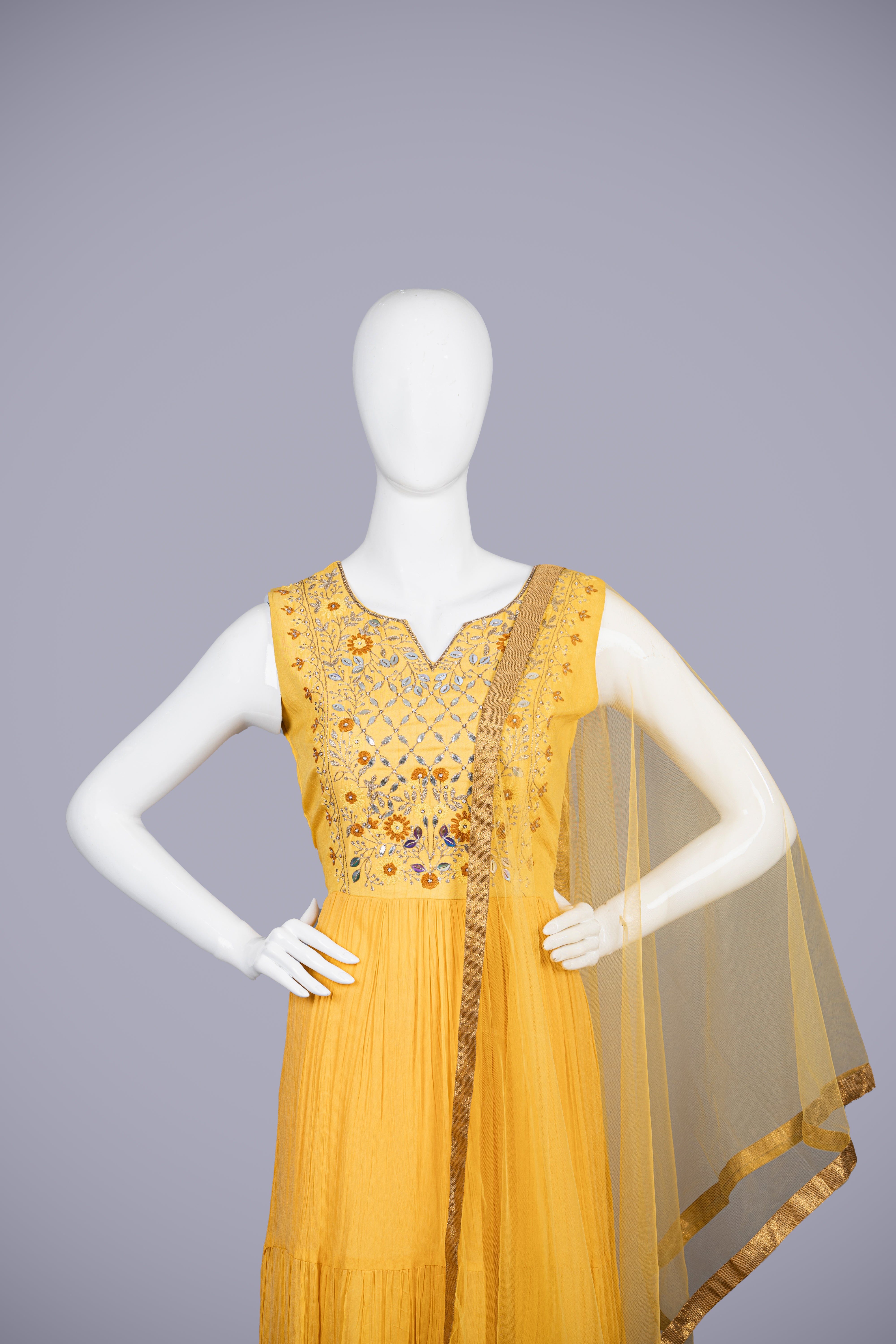 A Yellow Muster Gown with Sadu Kachi Work