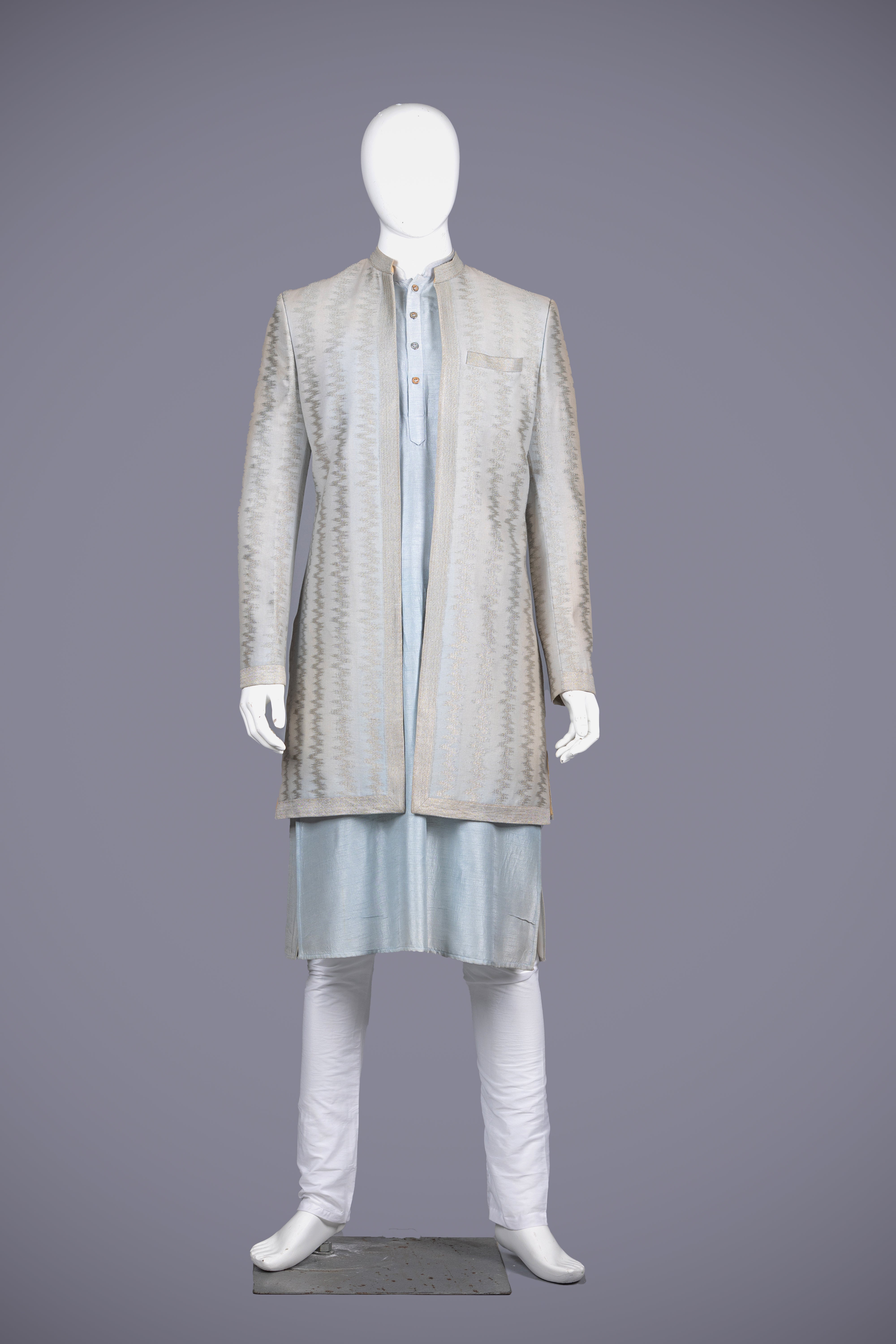 Pastel Blue Long Open Jacket Set with Chanderi Silk