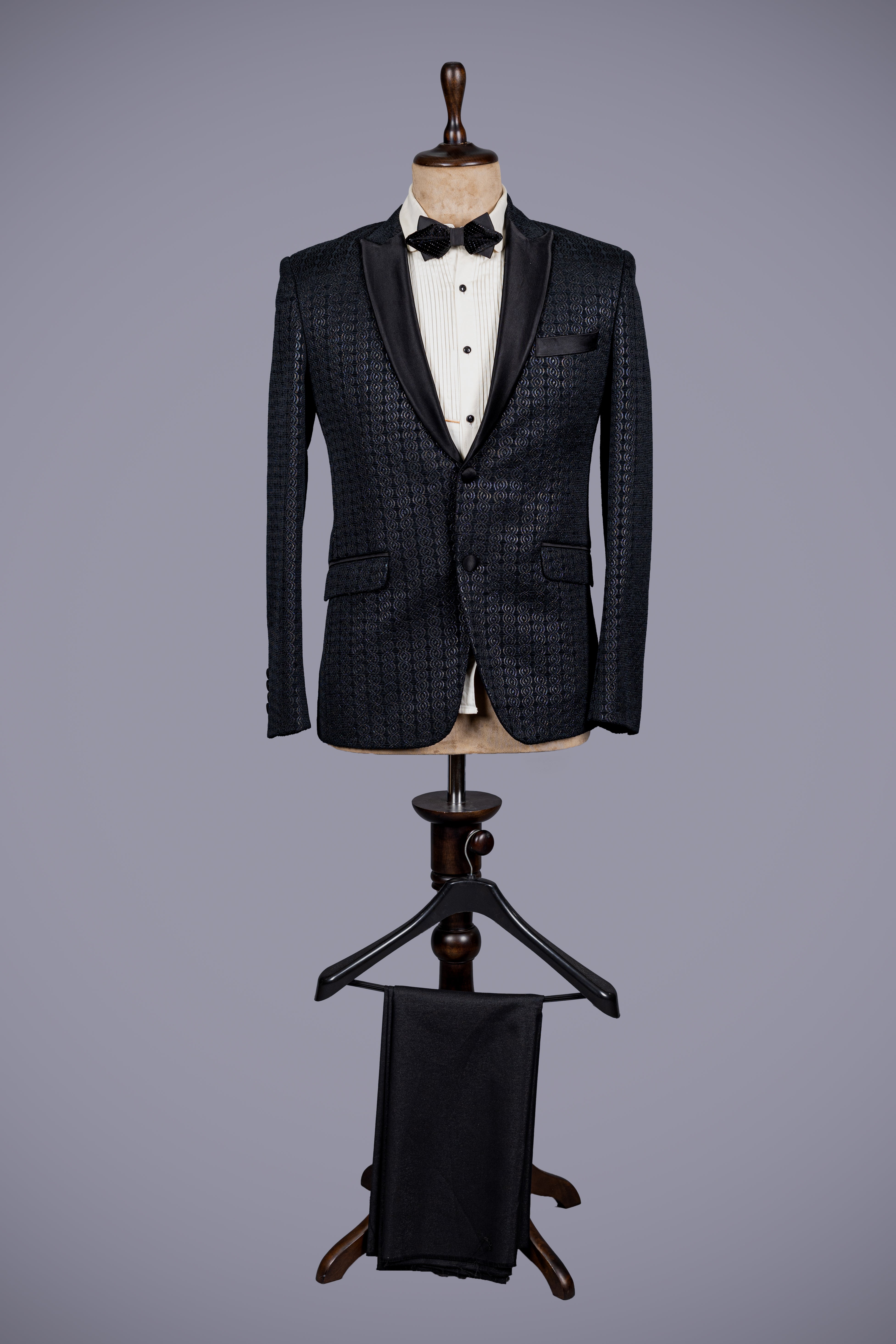 Charcoal Black Jacquard Silk 3 Piece Suit for Men