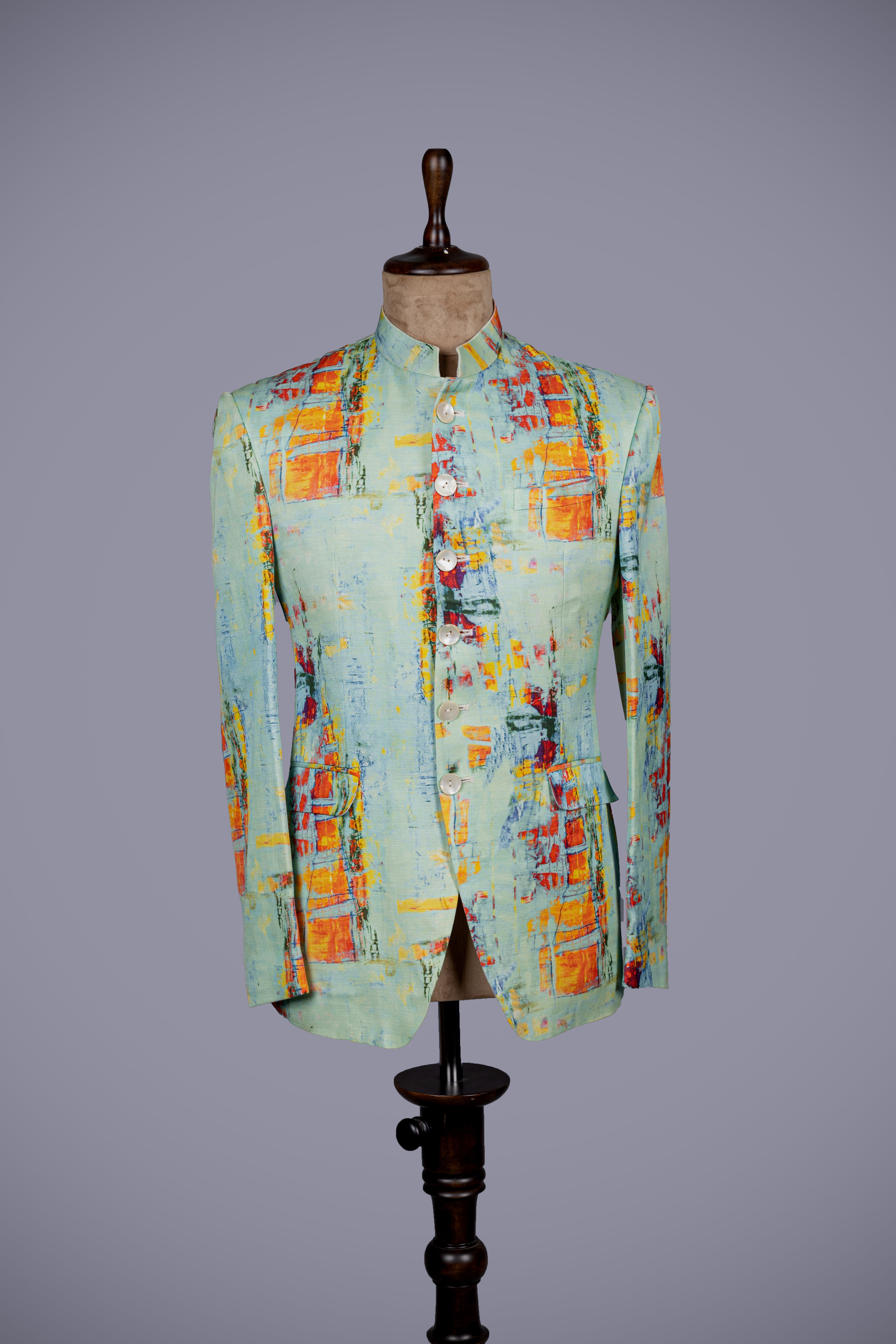 Printed Pista Green Silk Jodhpuri Jacket for Men