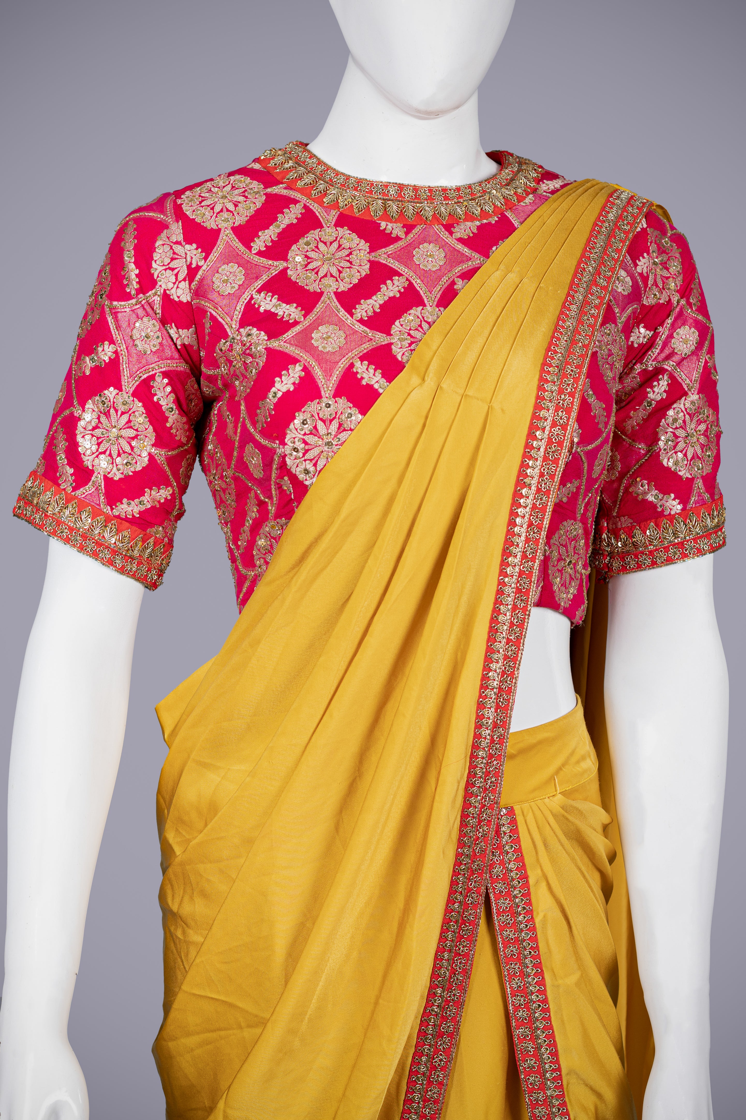 Women’s Mustard and Pink/Red Rayon Chaniya Choli with Jardoshi and Tikki Work - Shreeman