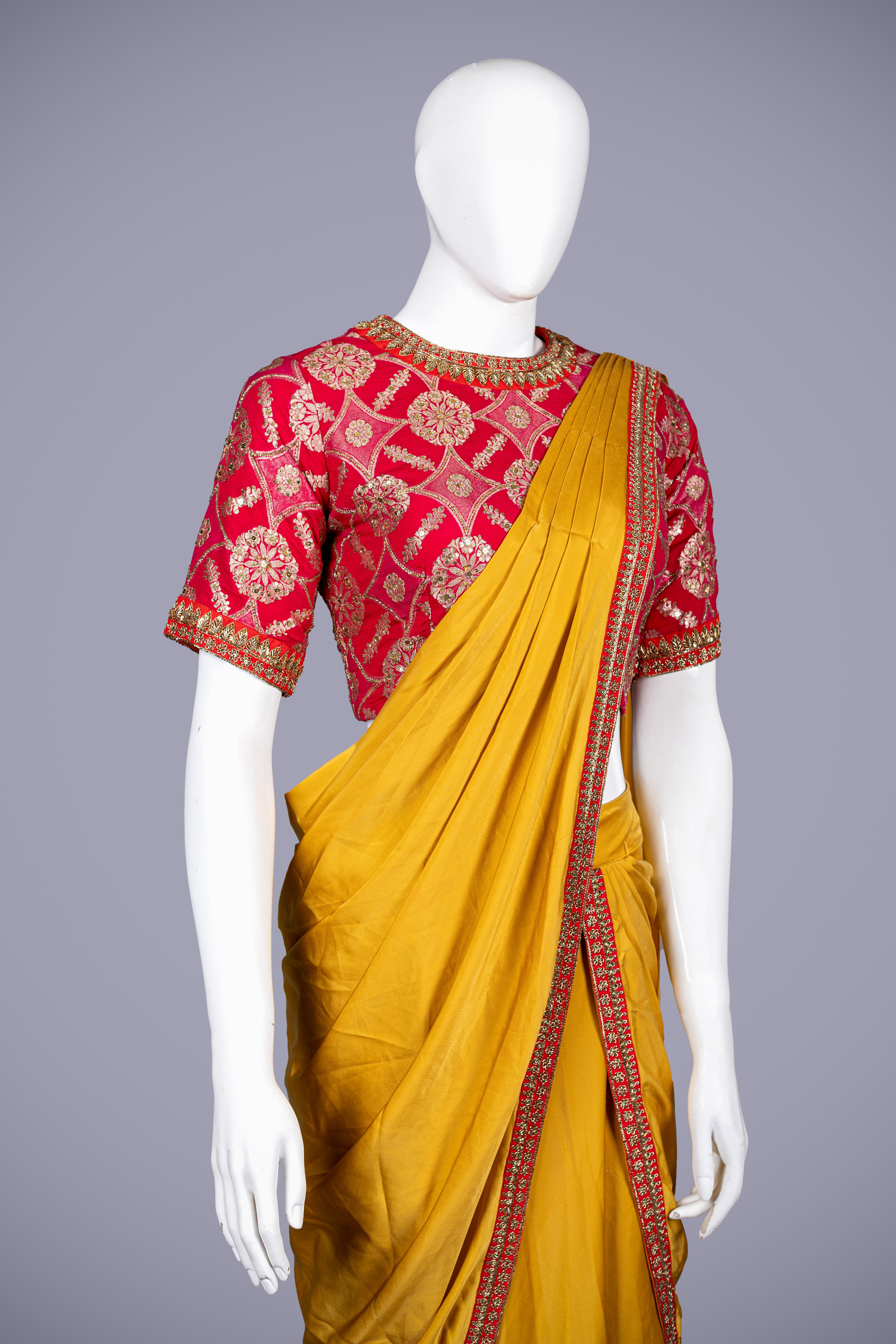 Women’s Mustard and Pink/Red Rayon Chaniya Choli with Jardoshi and Tikki Work - Shreeman