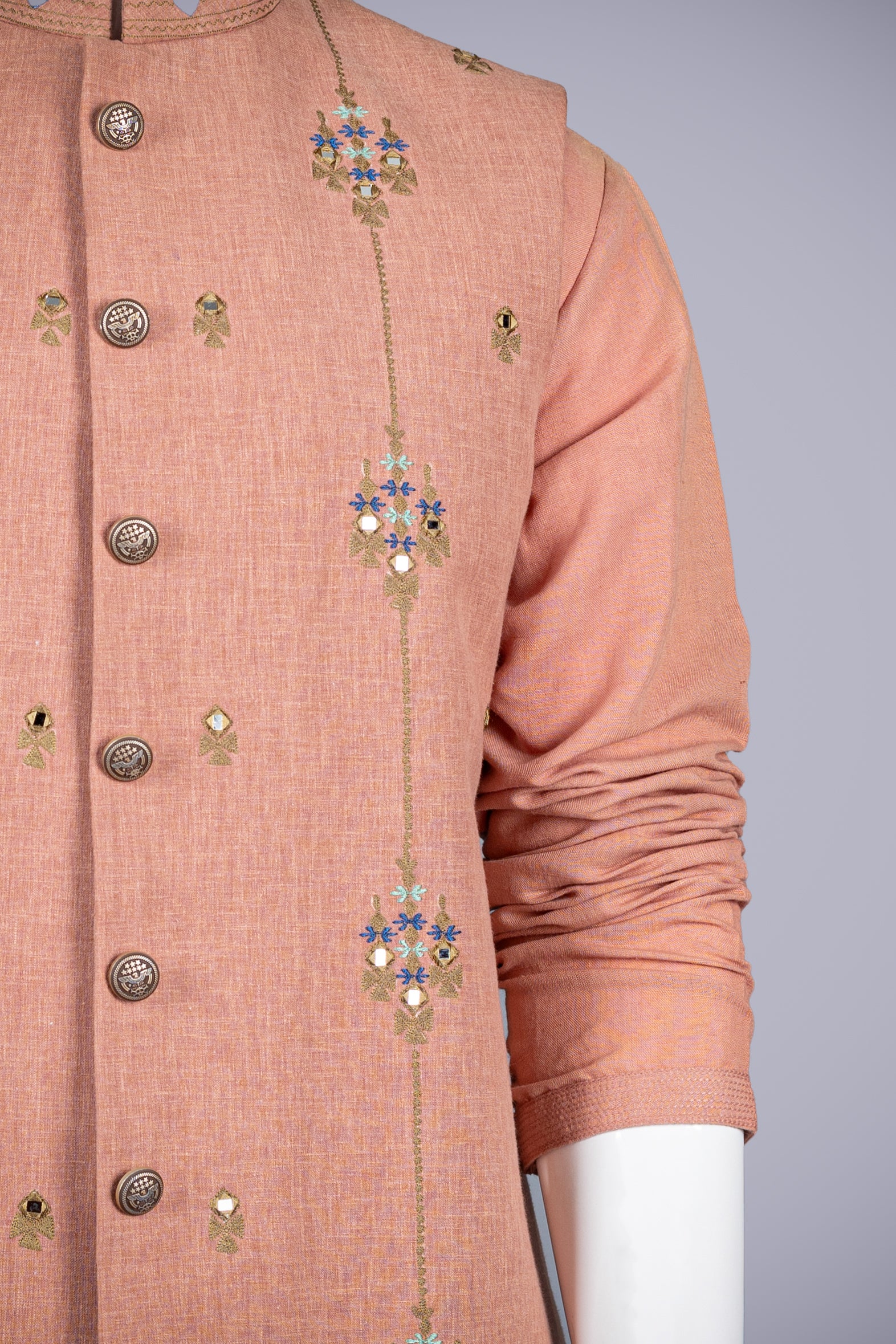 Light Peach Linen Cotton Jacket Set with Mirror Work - Shreeman