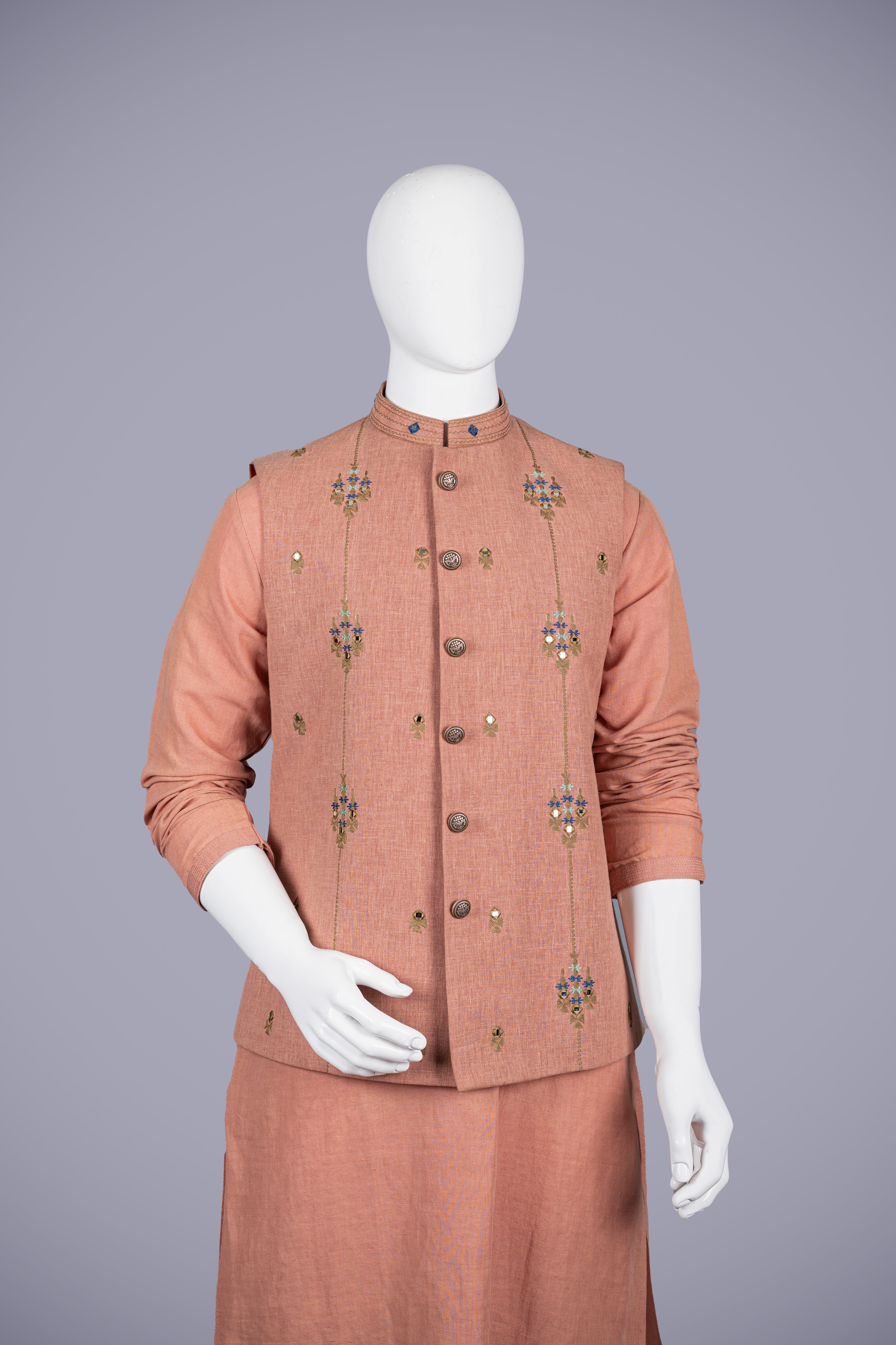 Light Peach Linen Cotton Jacket Set with Mirror Work - Shreeman