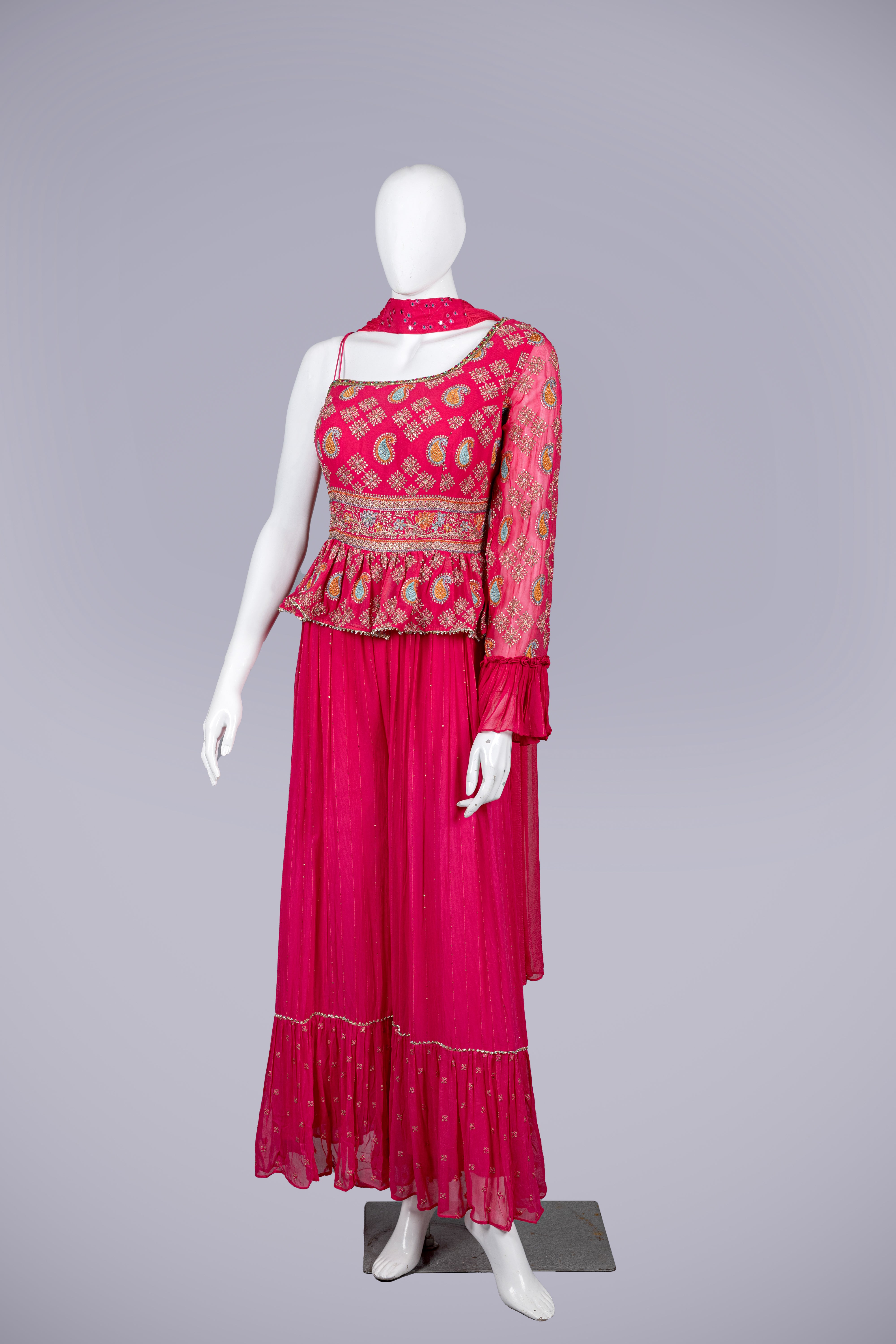Hot Pink Georgette Silk Jam Suit with Machin Work - Shreeman