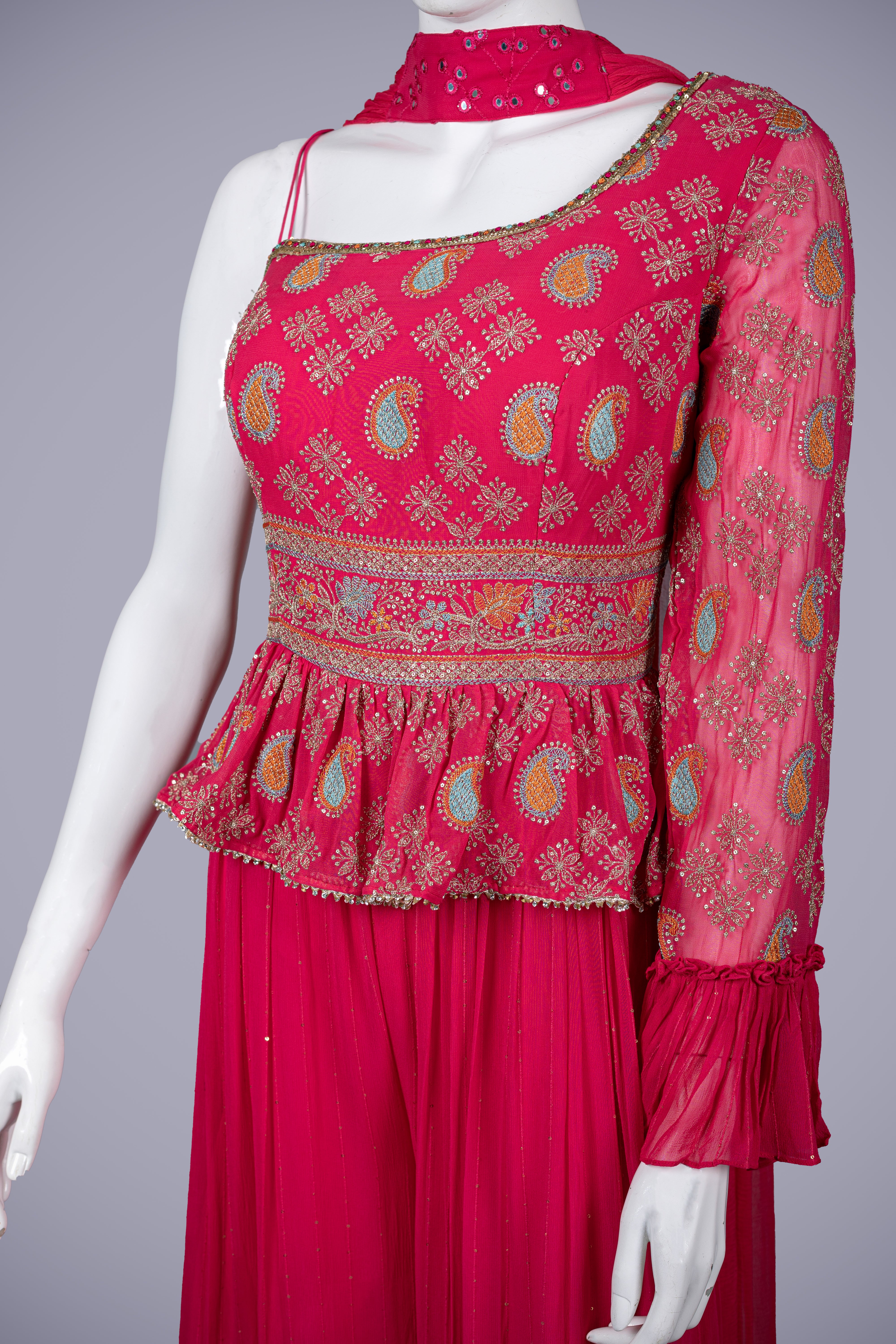 Hot Pink Georgette Silk Jam Suit with Machin Work - Shreeman