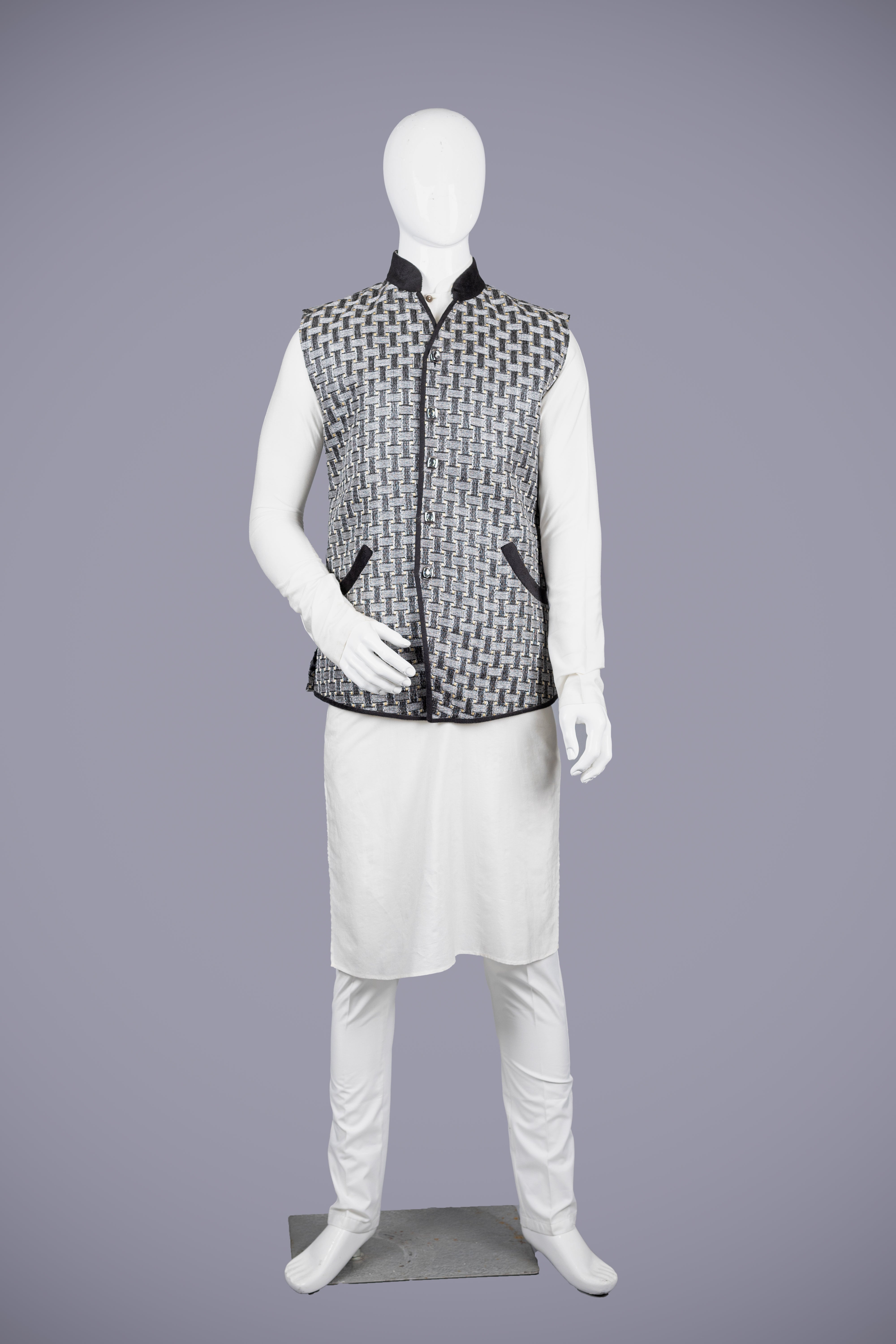 Black and White Jute Silk Kurta Set for Men