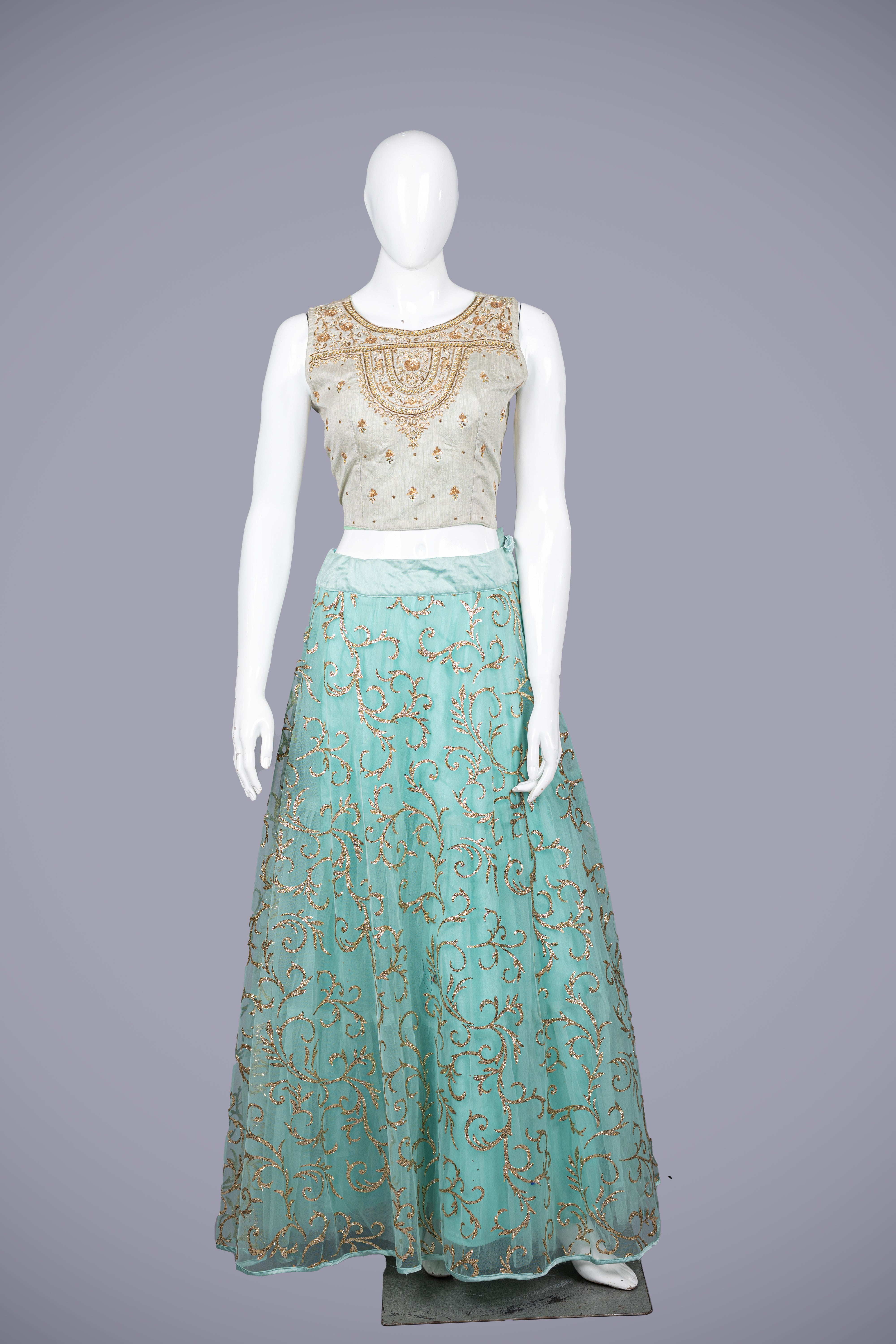 Breathtaking Sky Blue Silk Blouse & Net Lehenga with Zardosi Work - Shreeman