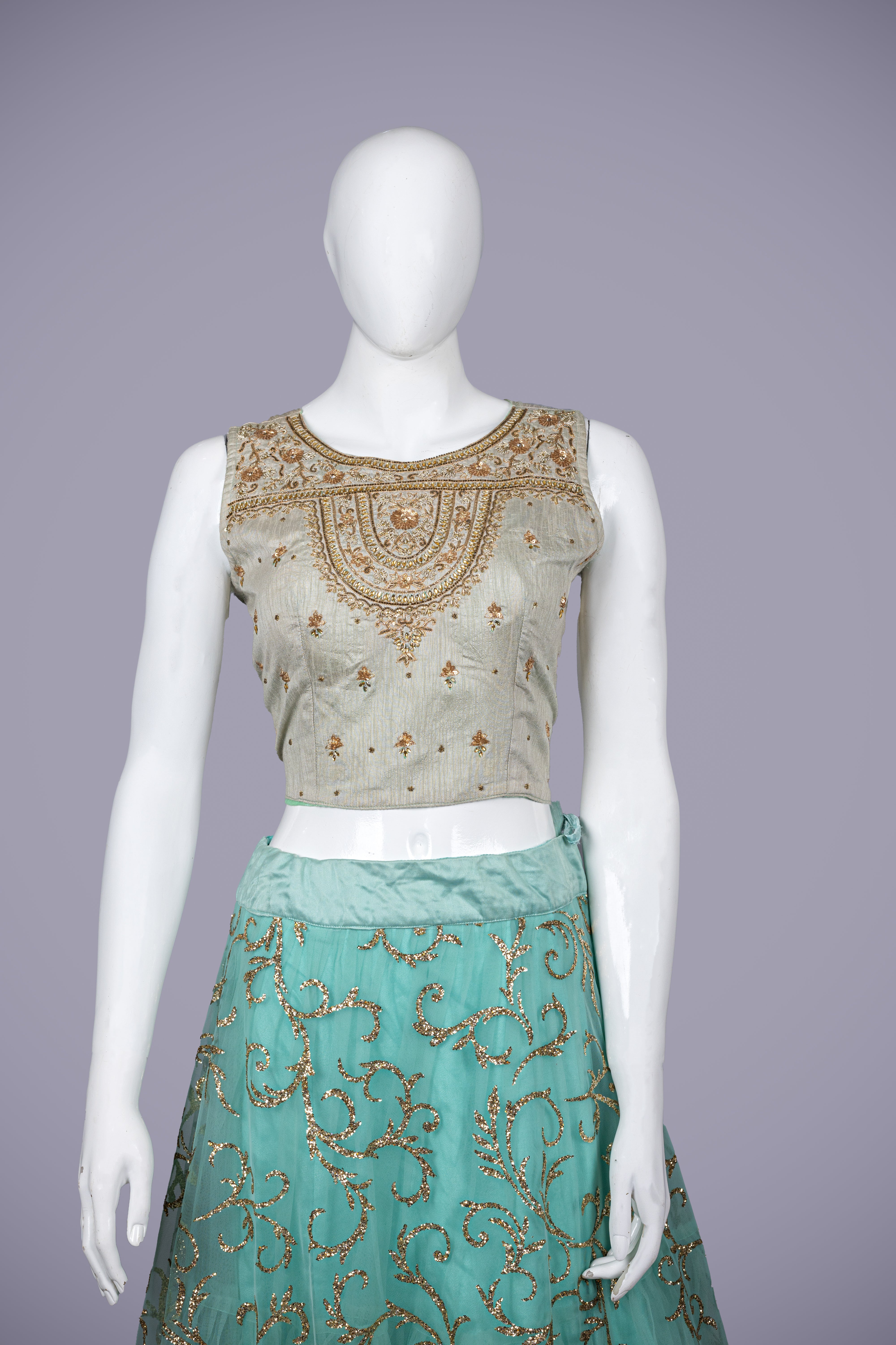 Breathtaking Sky Blue Silk Blouse & Net Lehenga with Zardosi Work