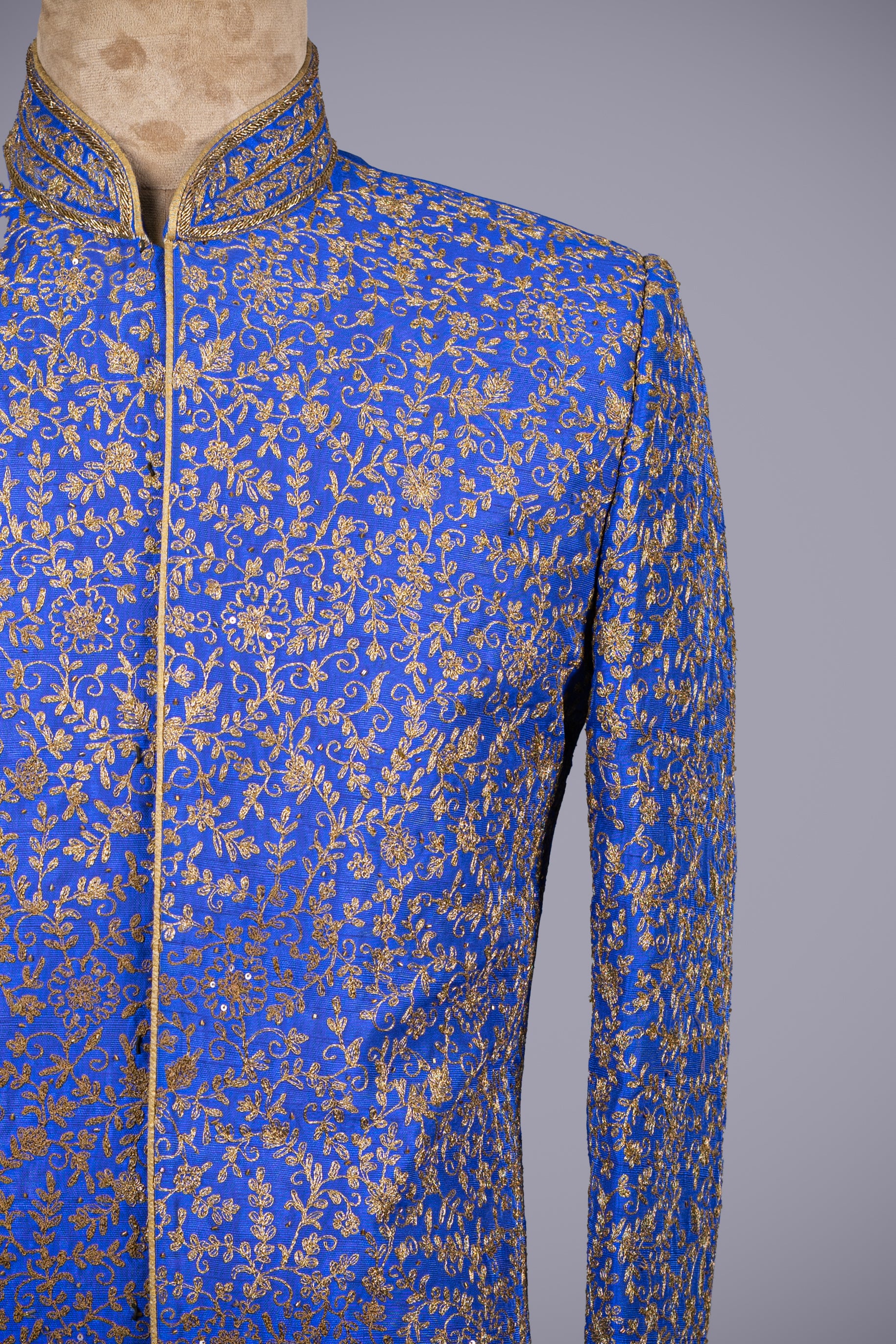 Regal Blue Art Silk Sherwani with Aari Work