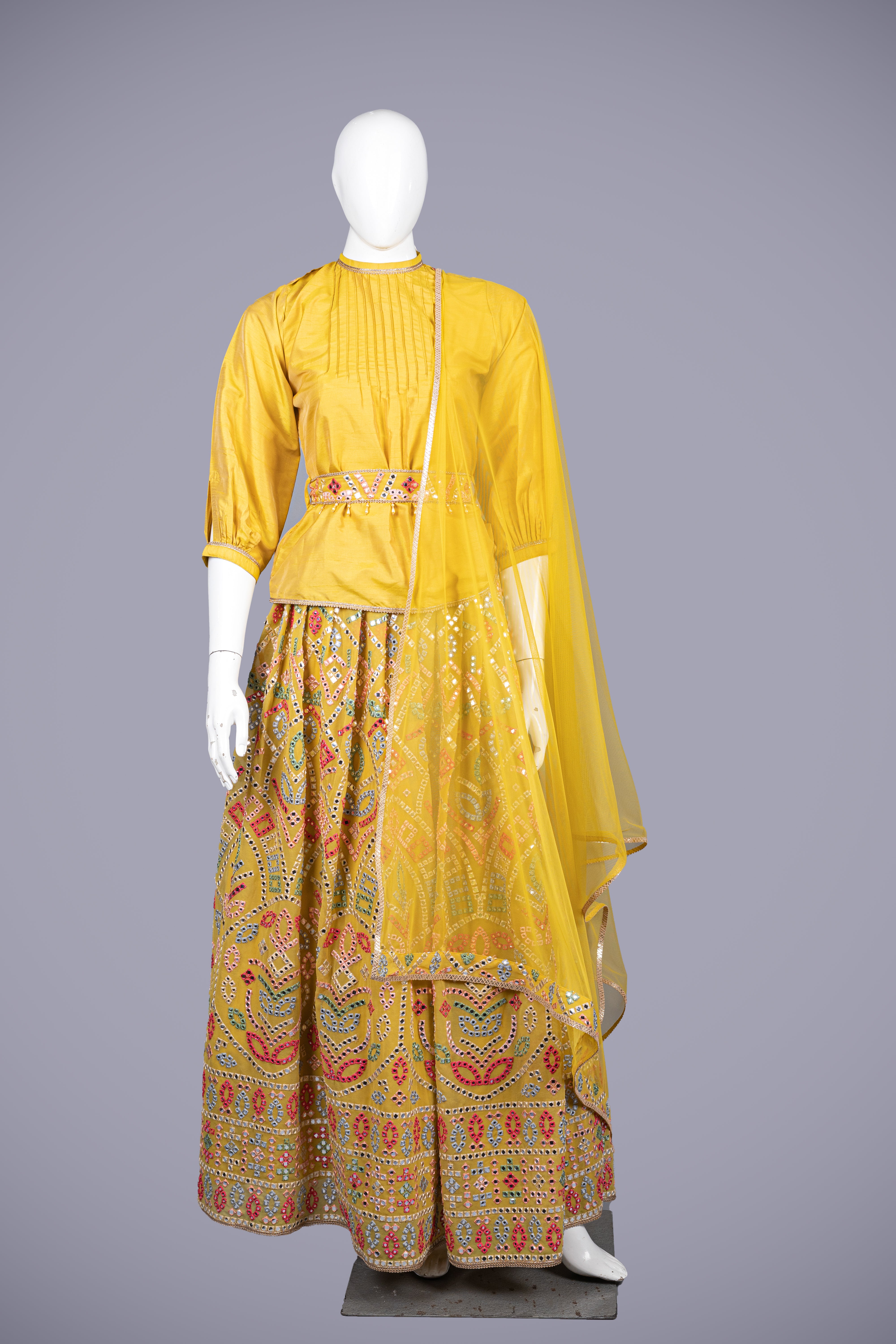 Yellow Pure Silk Crop Top Set with Mirror & Sequence Work