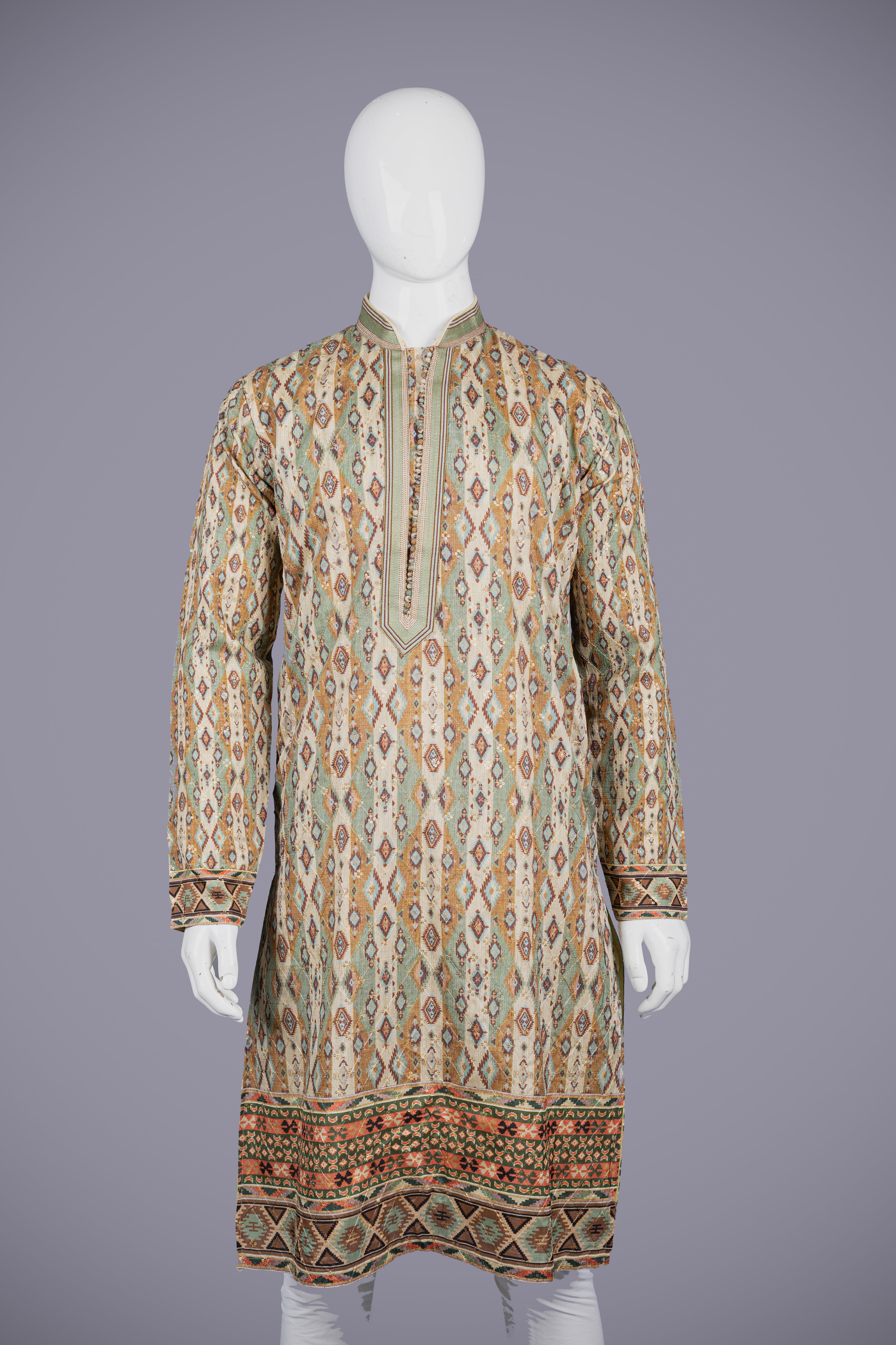 Beige Silk Kurta Set with Tessellation Print