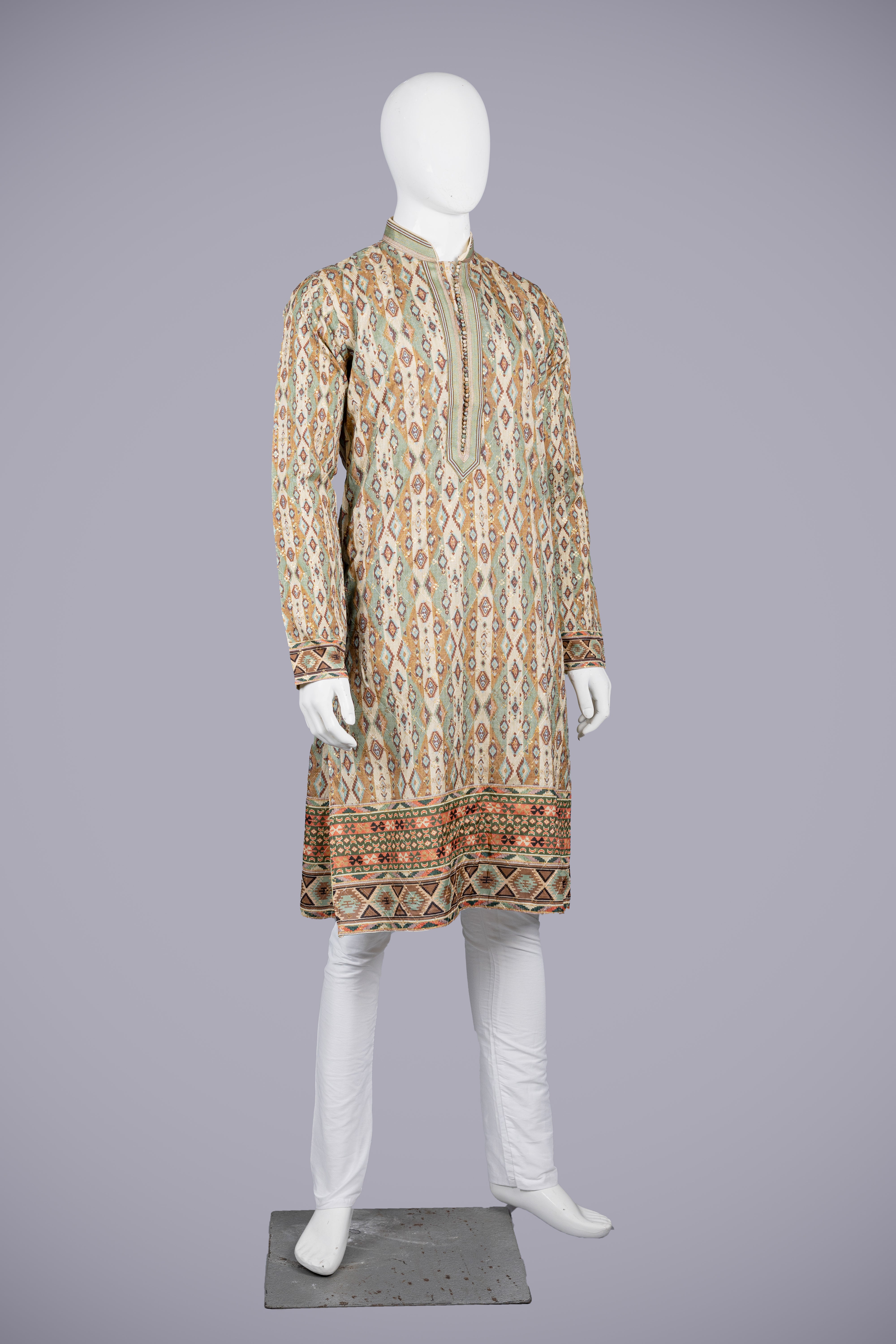 Beige Silk Kurta Set with Tessellation Print - Shreeman