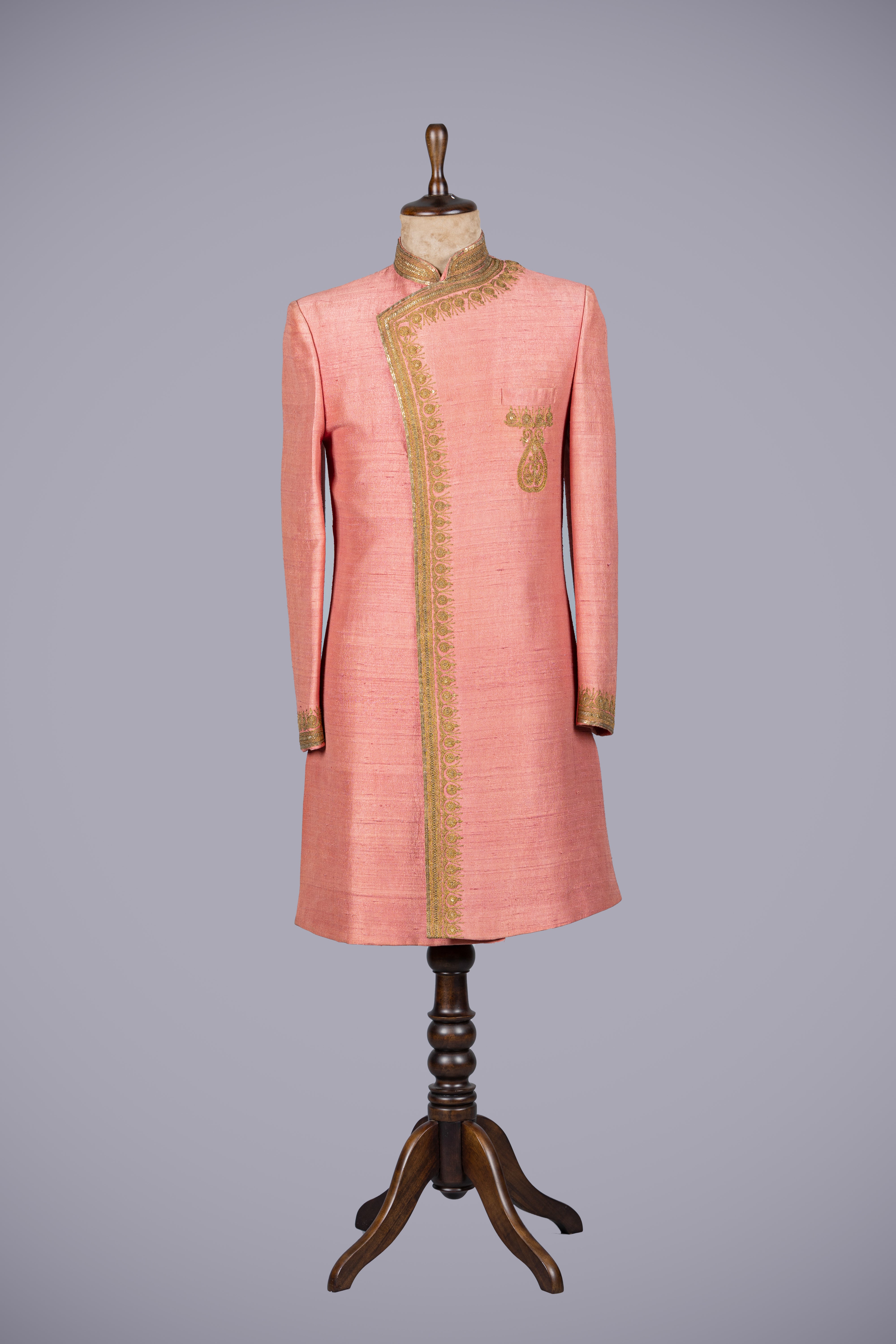 Exquisite Peach Awo Silk Sherwani with Marodi Work Under 10000 - Shreeman