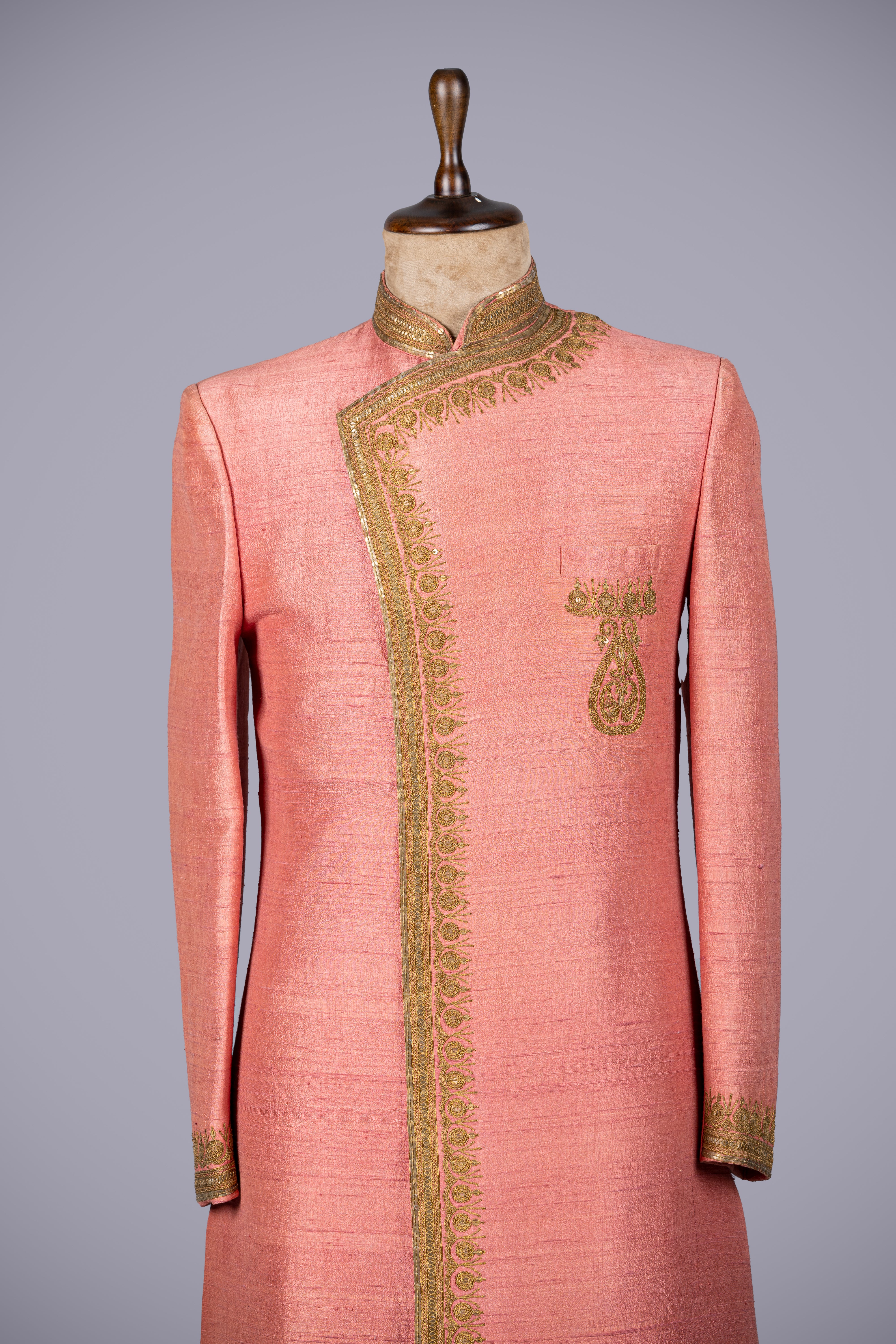 Exquisite Peach Awo Silk Sherwani with Marodi Work Under 10000