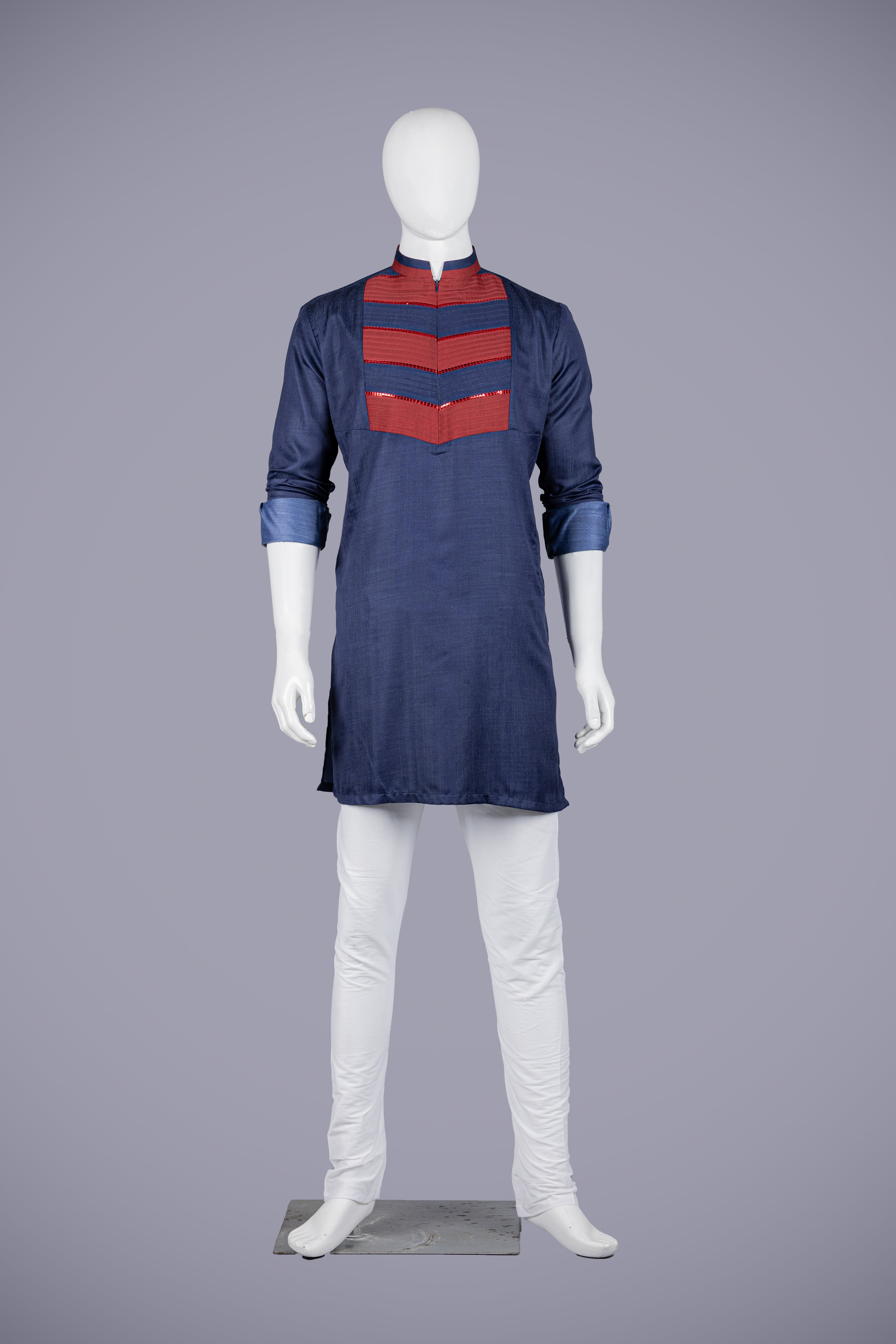 Navy Blue Chanderi Silk Kurta Set with Plastic Stripe Work