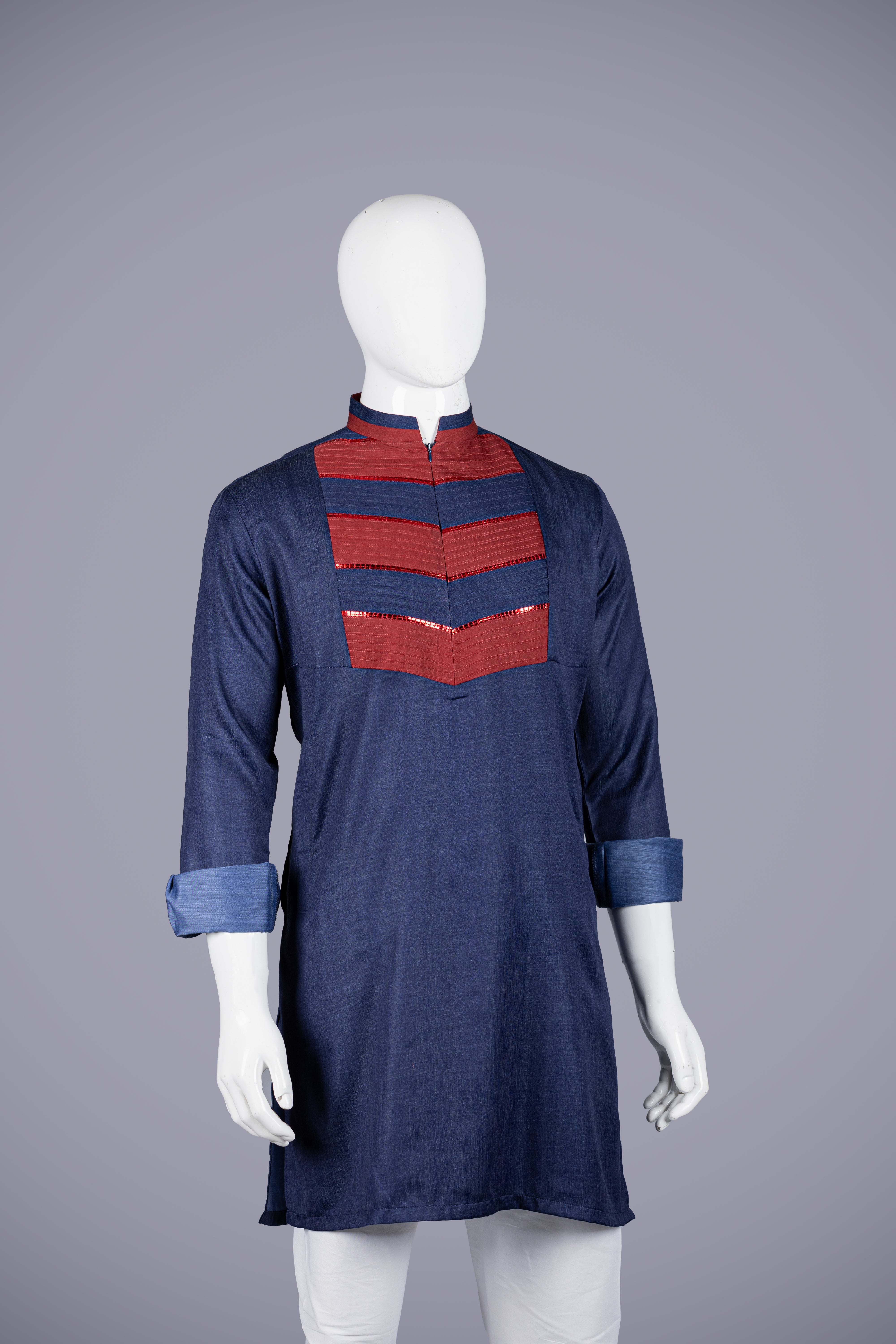 Navy Blue Chanderi Silk Kurta Set with Plastic Stripe Work - Shreeman