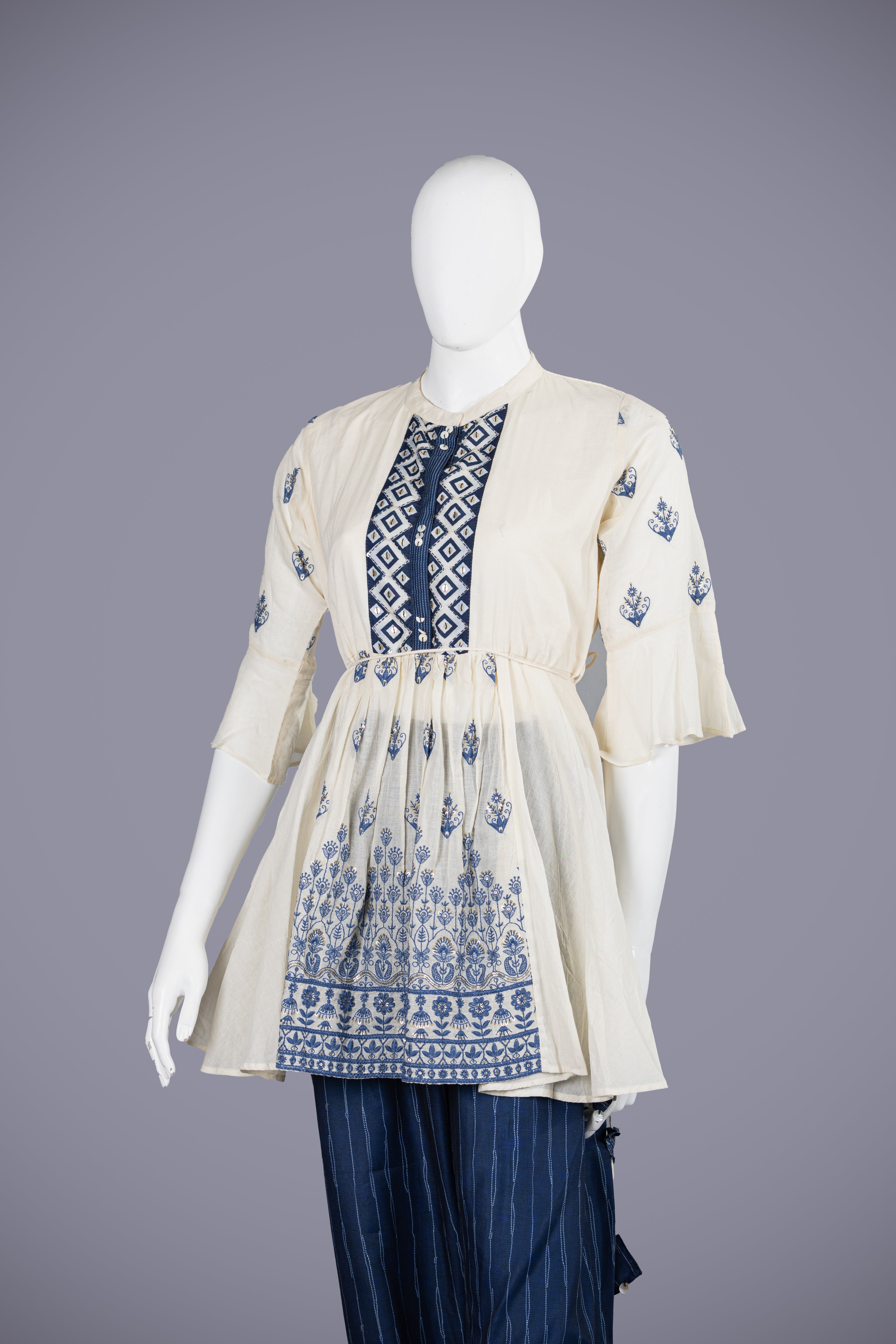 Cream & Blue Cotton Kurti Set with Exquisite Resham Work - Shreeman