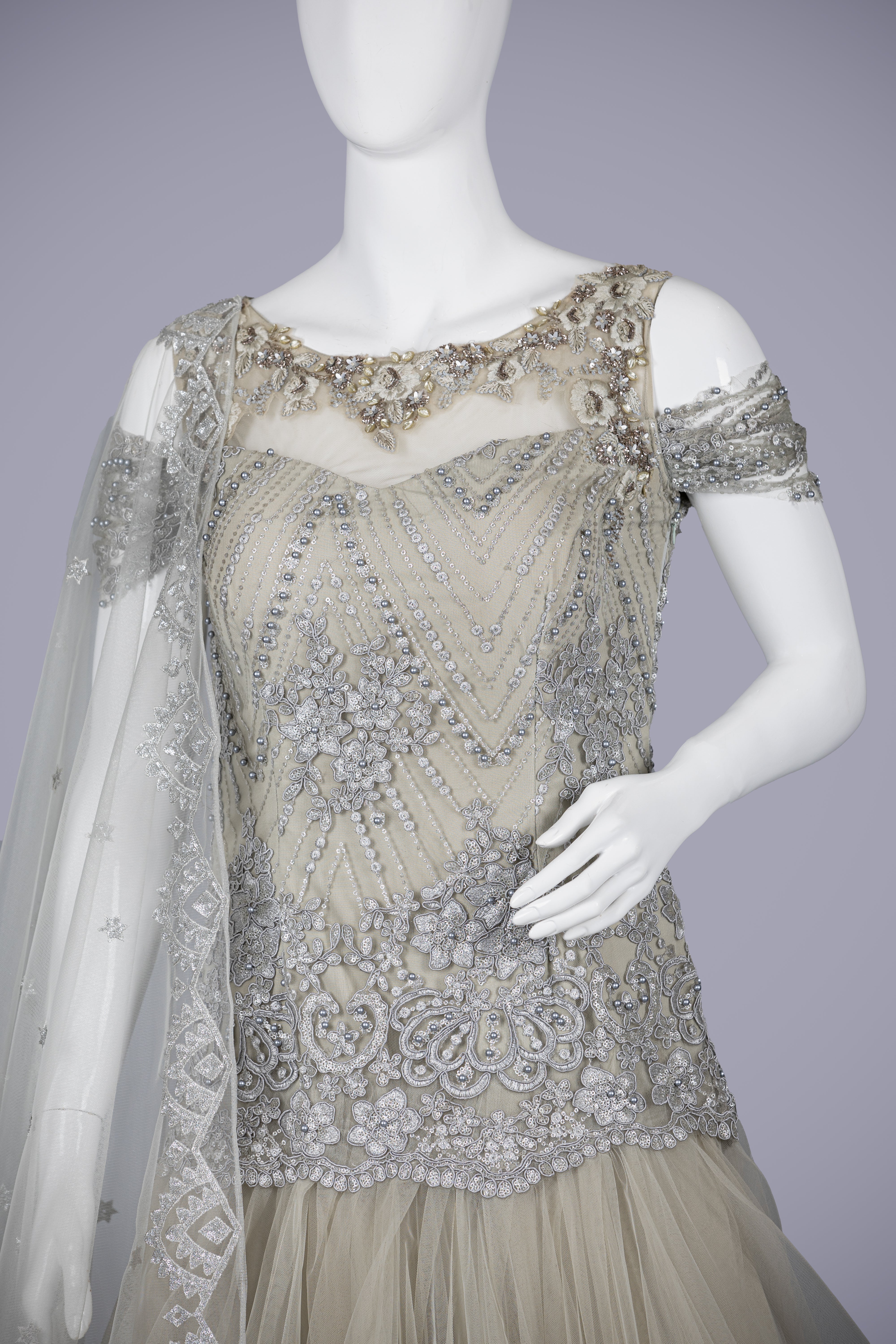 Enchanting Gray Net Gown with Delicate Pearl Work - Shreeman