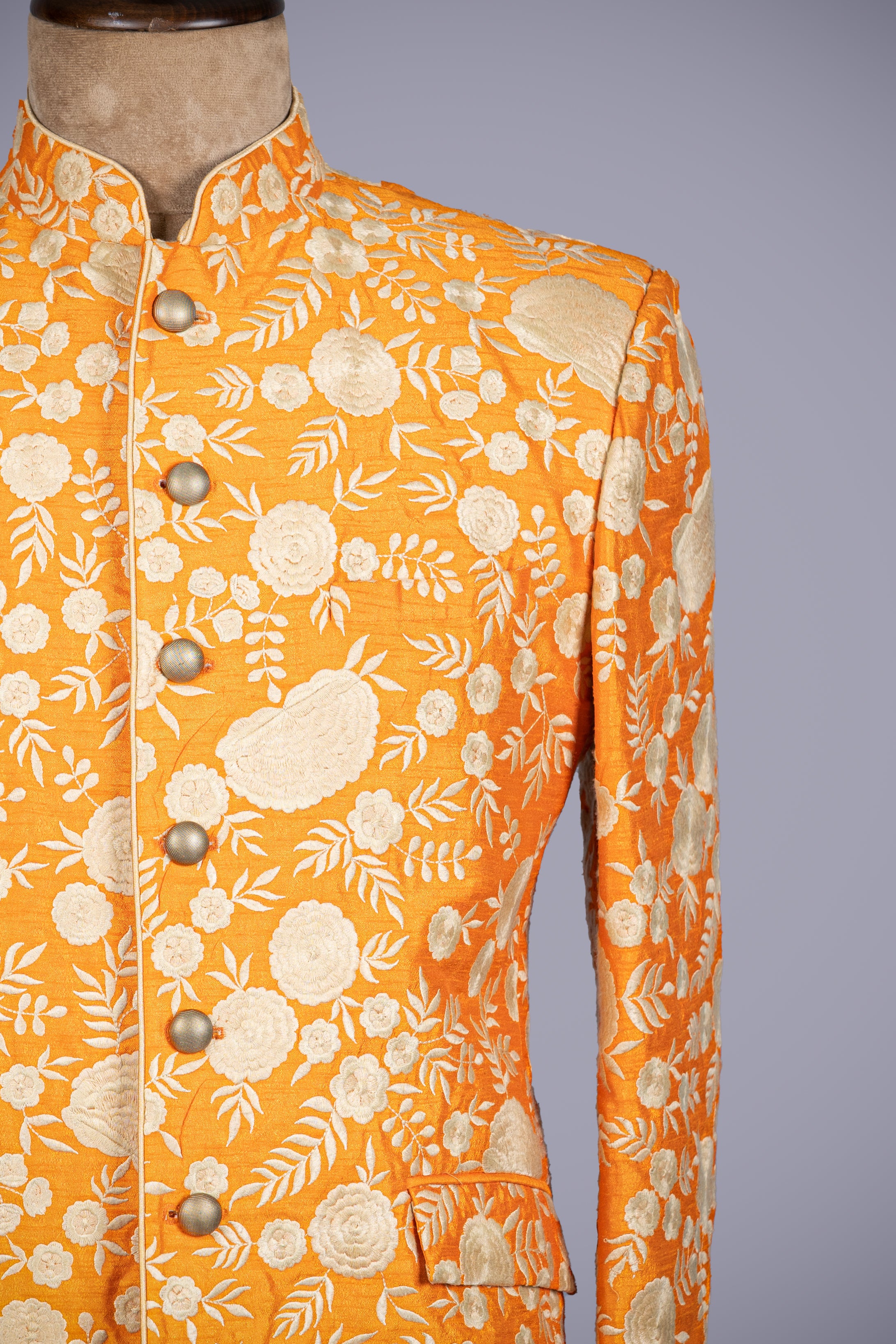 Orange Raw Silk Jodhpuri Suit with Printed Design - Shreeman